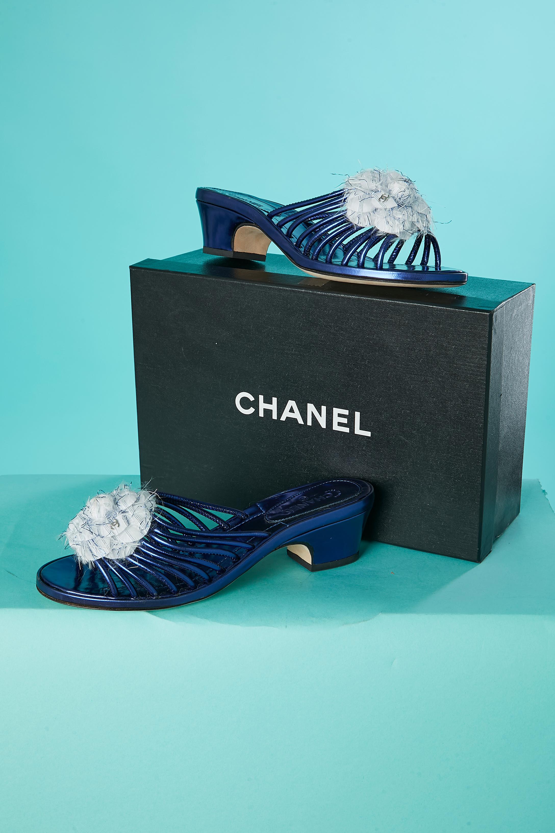 Blue metallic leather mules with cotton and lurex camelia with 