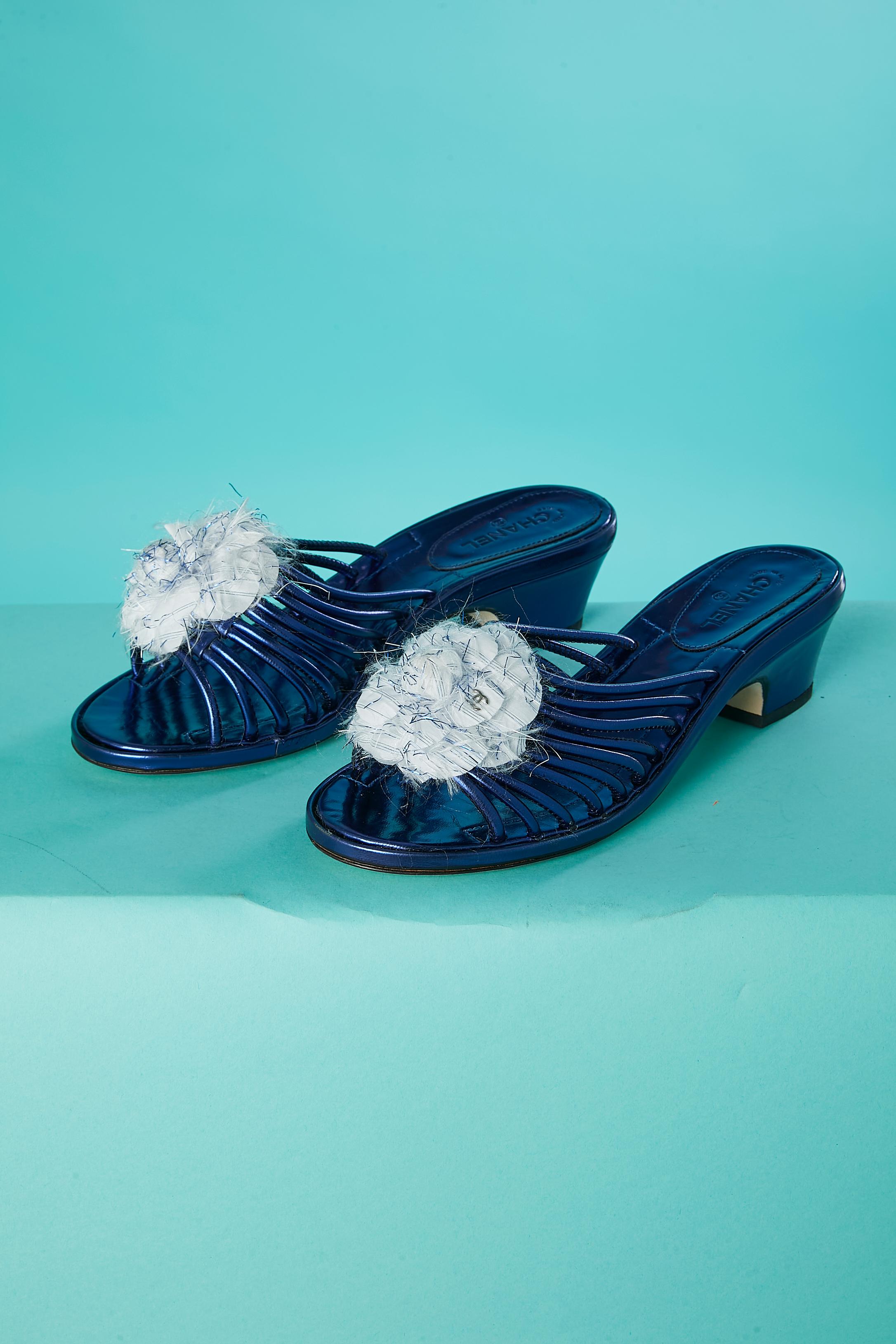 Blue metallic leather mules with cotton and lurex camelia  Chanel  In New Condition For Sale In Saint-Ouen-Sur-Seine, FR