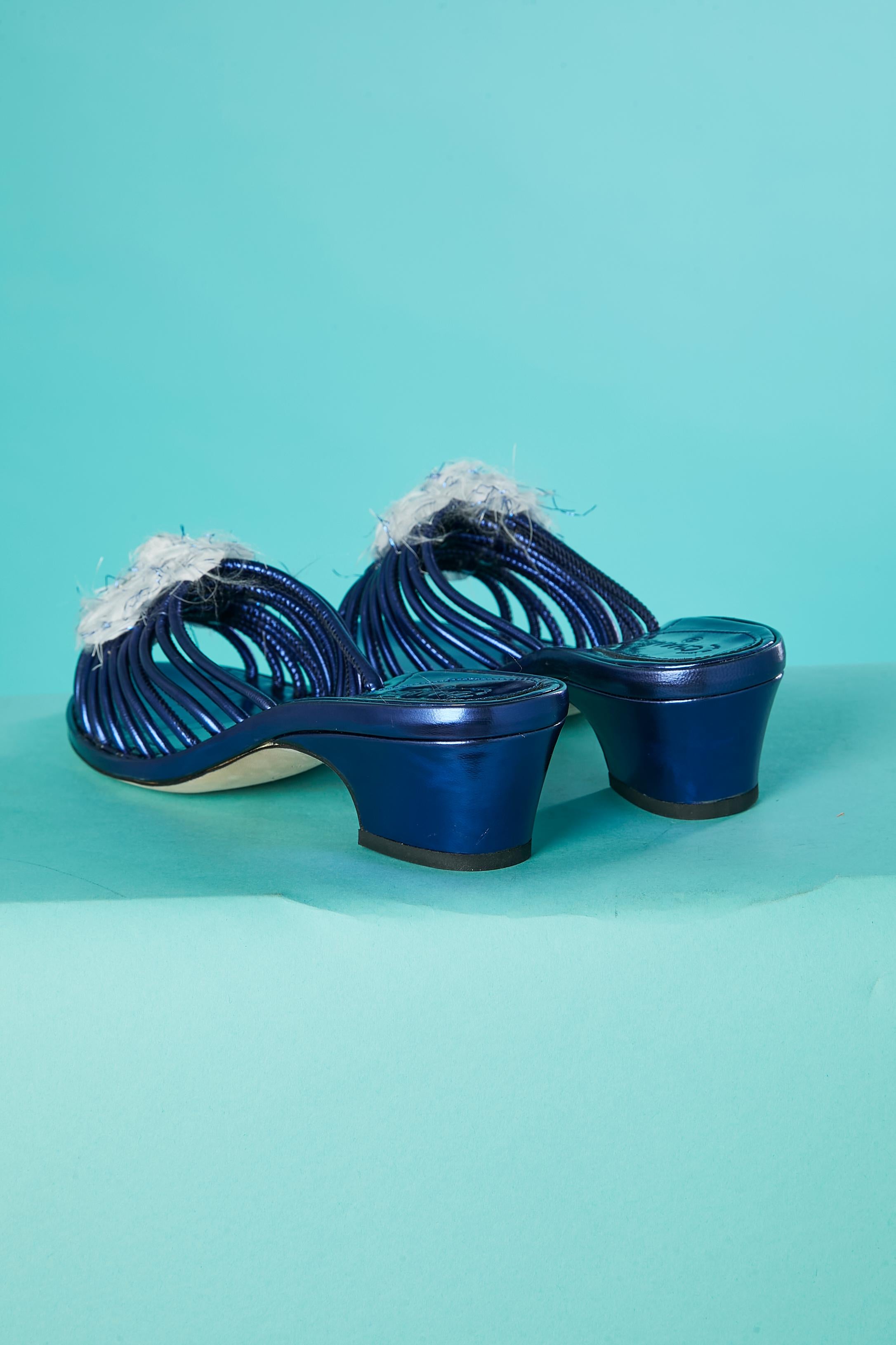 Women's Blue metallic leather mules with cotton and lurex camelia  Chanel  For Sale