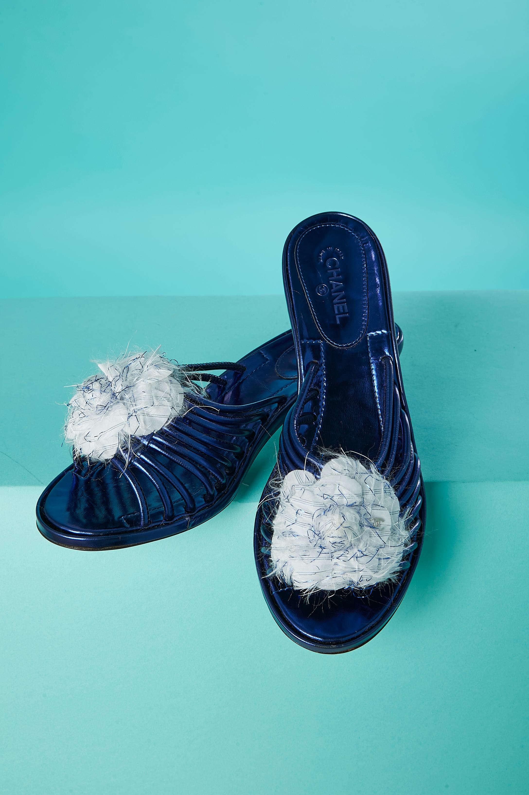 Blue metallic leather mules with cotton and lurex camelia  Chanel  For Sale 2