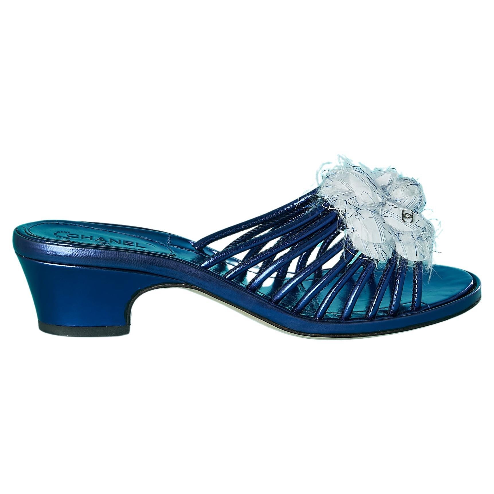 Blue metallic leather mules with cotton and lurex camelia  Chanel  For Sale