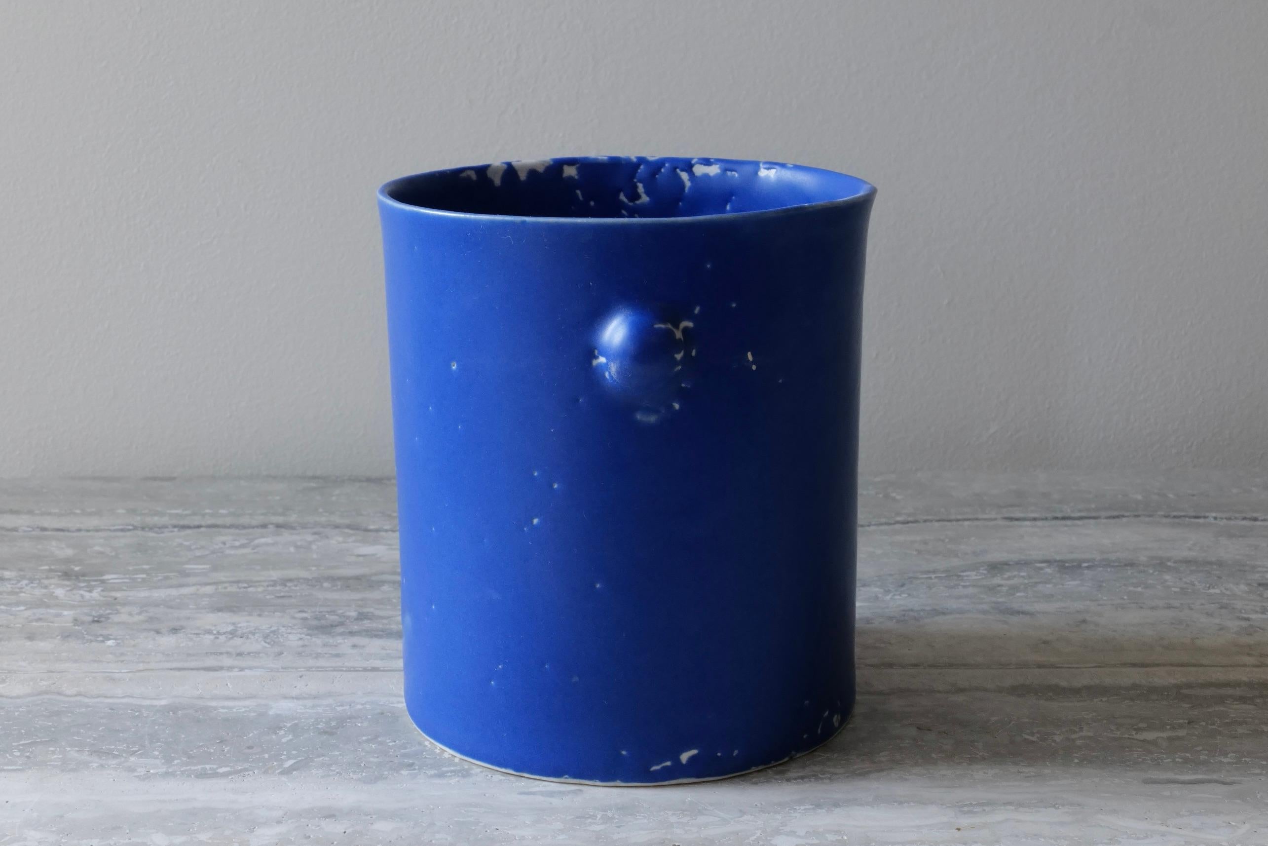 Minimalist Blue Microcrystalline Glaze Bumps Porcelain Tall Vase by Lana Kova For Sale