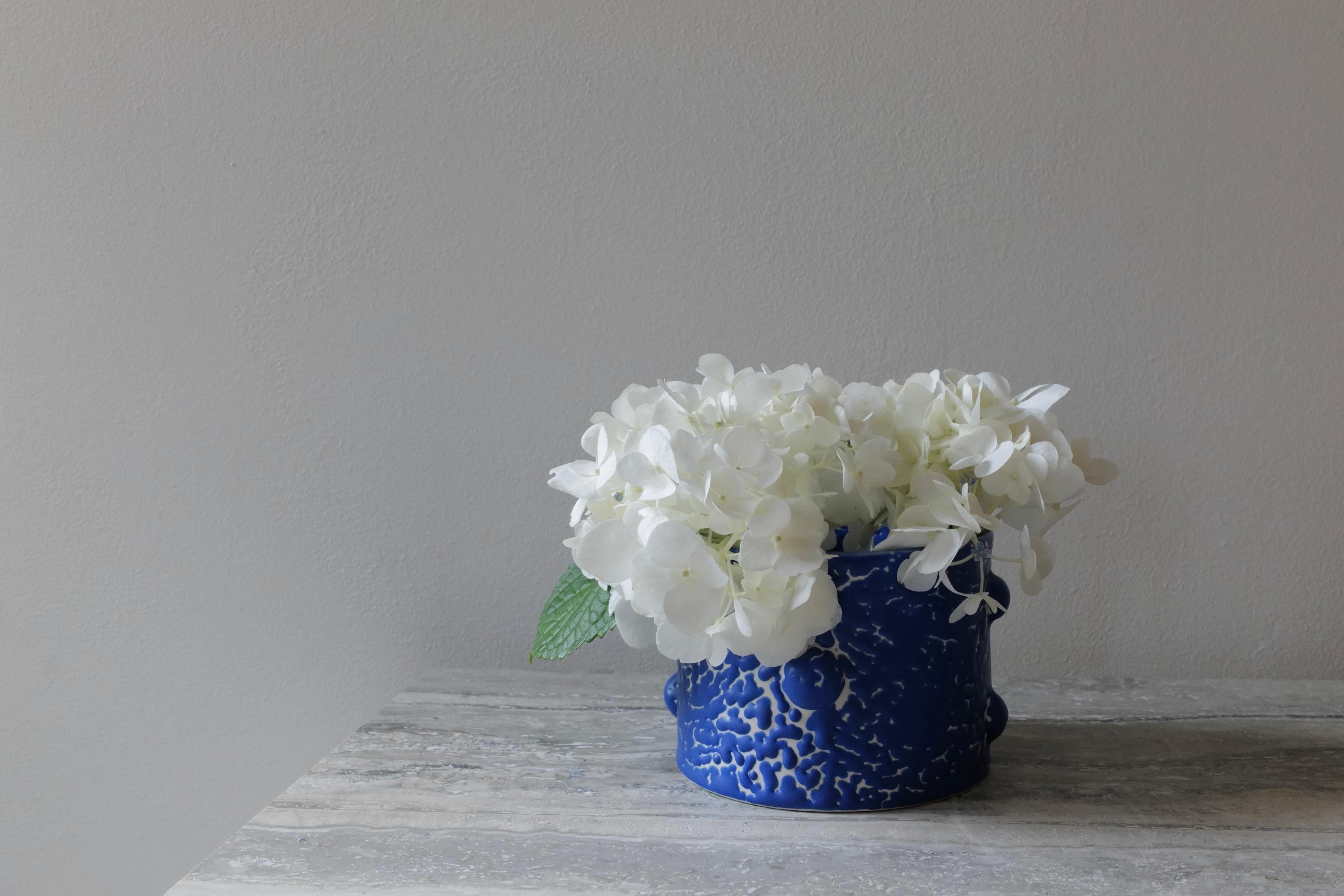 Minimalist Blue Microcrystalline Glaze Bumps Porcelain Vase by Lana Kova For Sale
