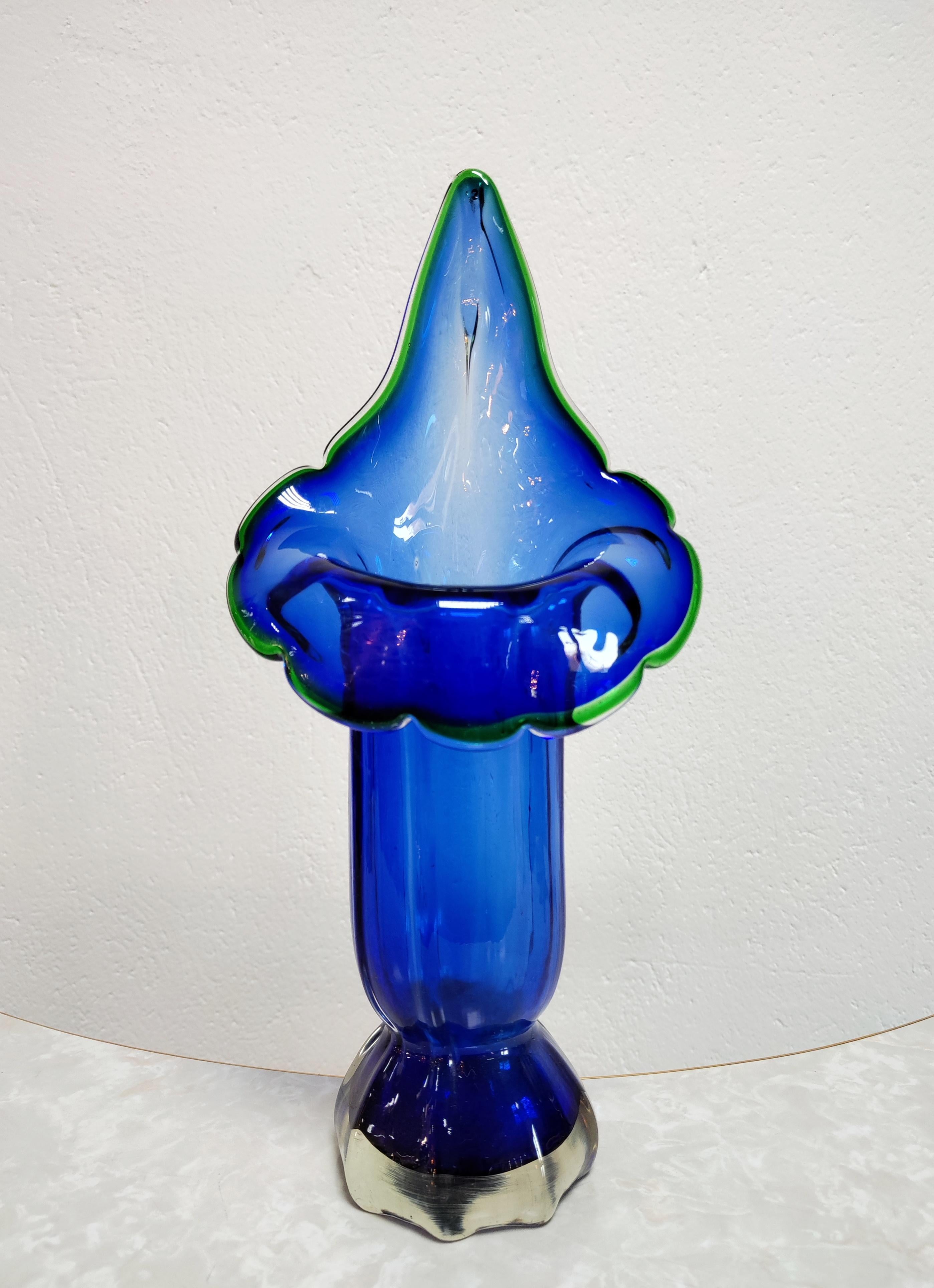 Italian Blue Mid-Century Modern Murano Glass Vase Shaped as Calla Lily, Italy, 1960s For Sale