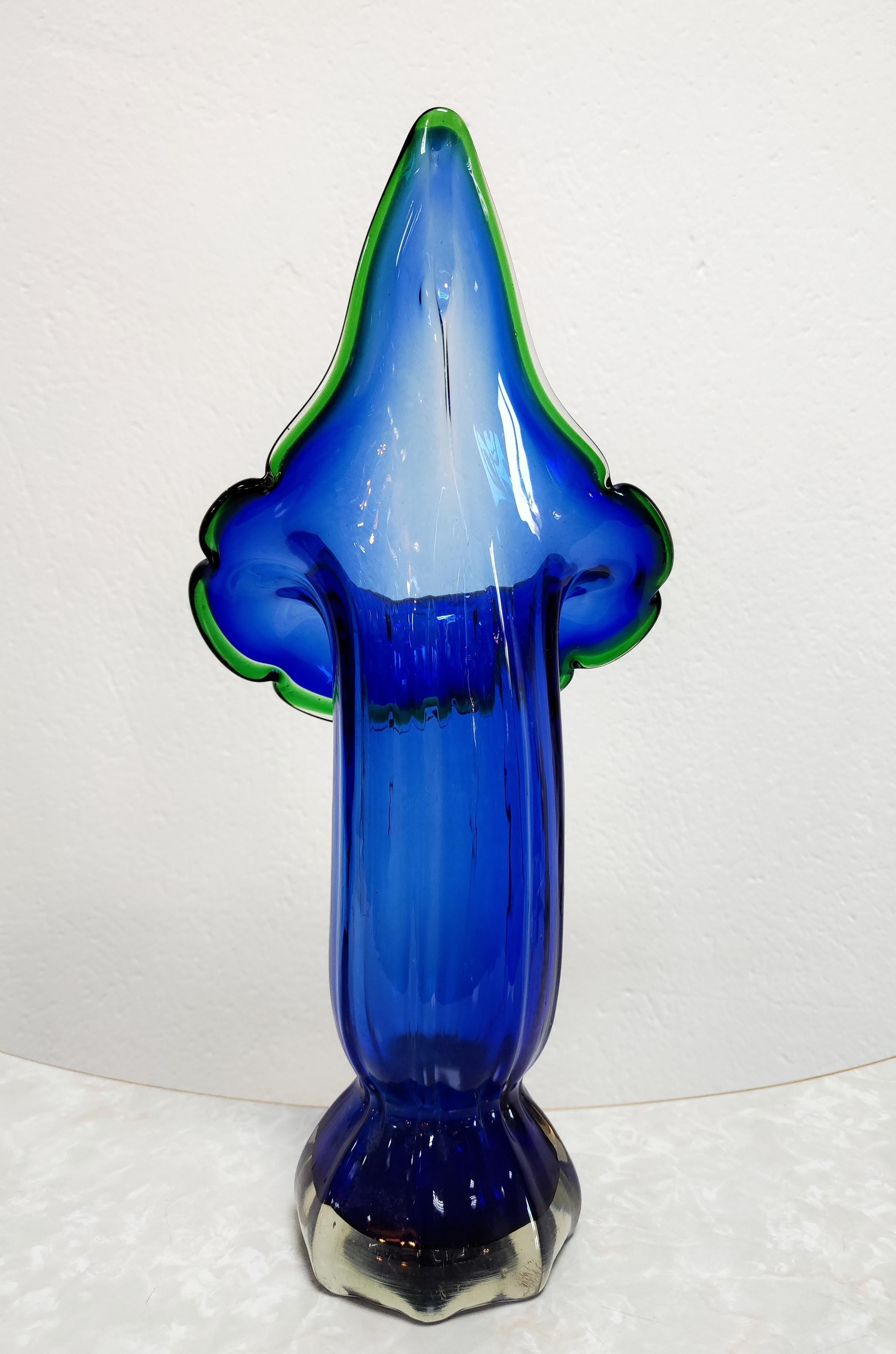 Mid-20th Century Blue Mid-Century Modern Murano Glass Vase Shaped as Calla Lily, Italy, 1960s For Sale