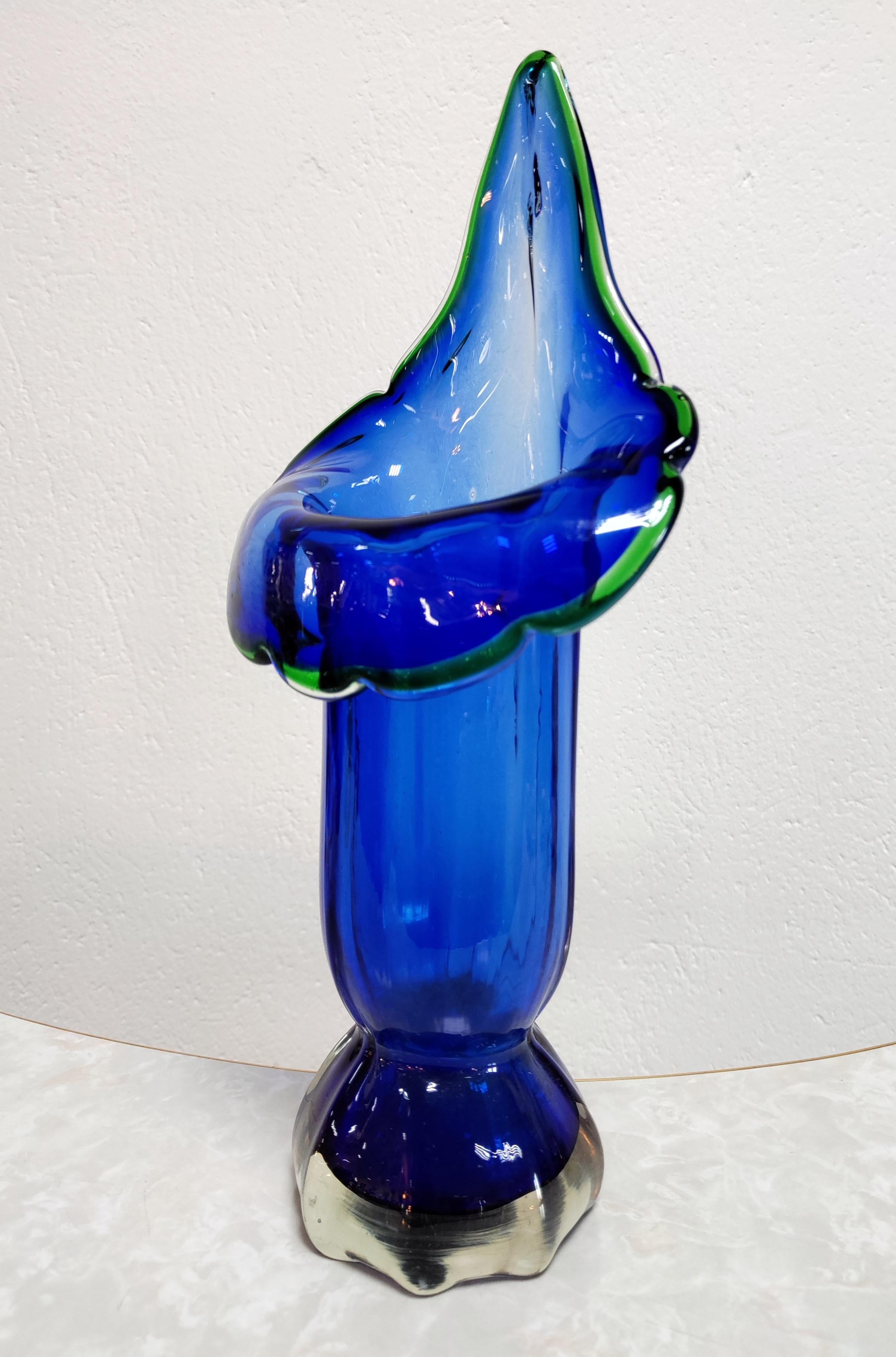 Art Glass Blue Mid-Century Modern Murano Glass Vase Shaped as Calla Lily, Italy, 1960s For Sale