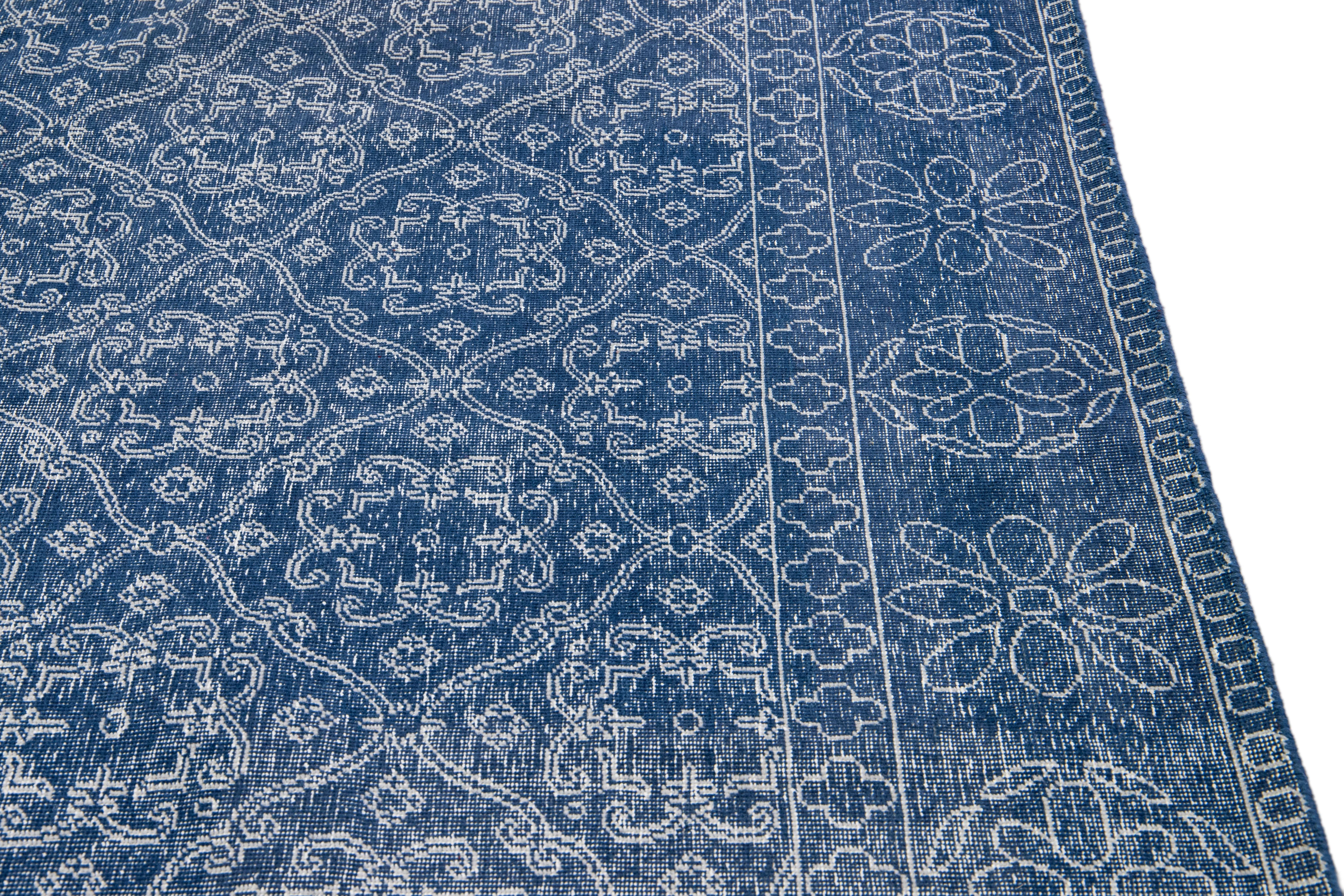 Blue Mid-Century Modern Style Handmade Floral Trellis Motif Wool Rug For Sale 4