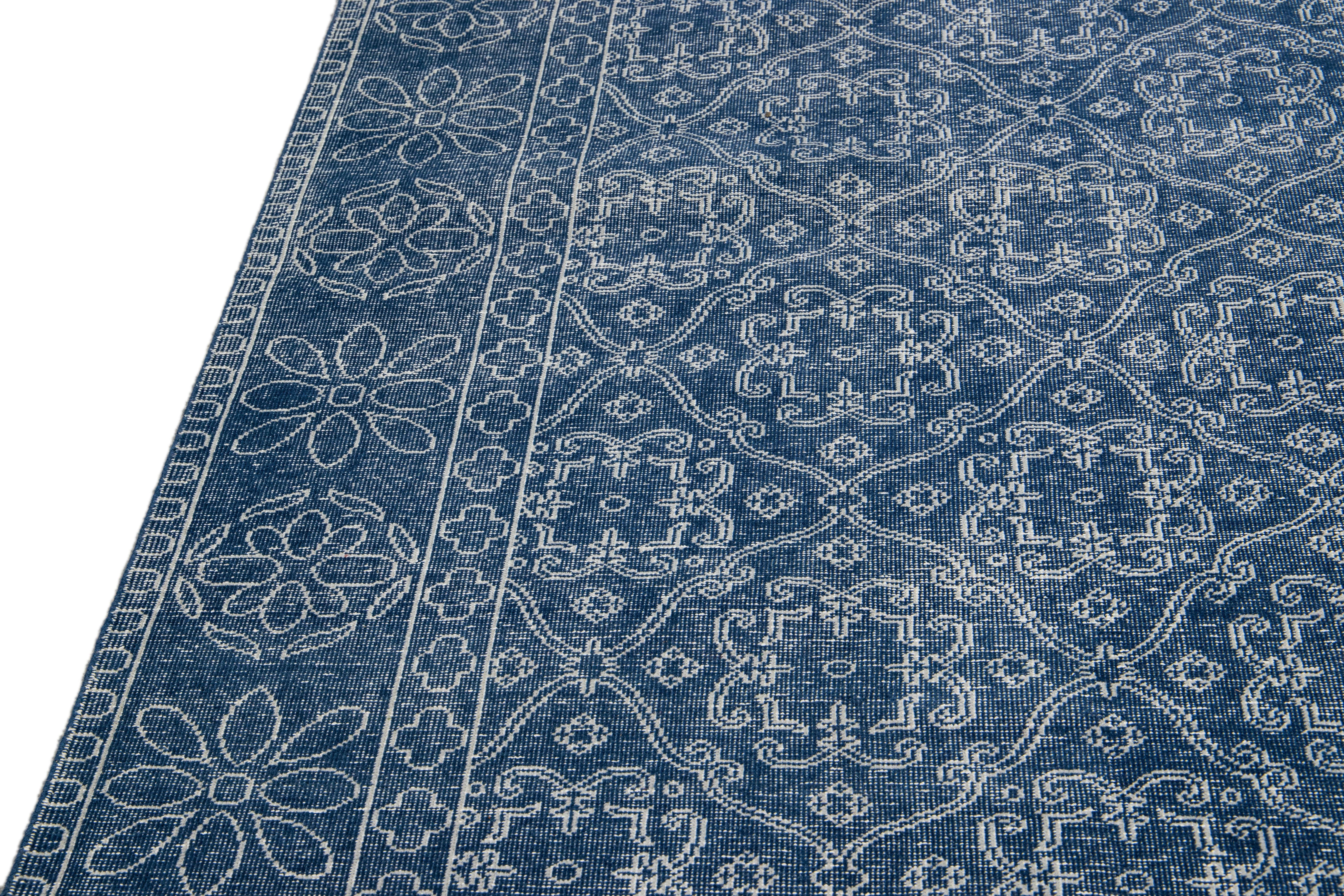 Hand-Knotted Blue Mid-Century Modern Style Handmade Floral Trellis Motif Wool Rug For Sale