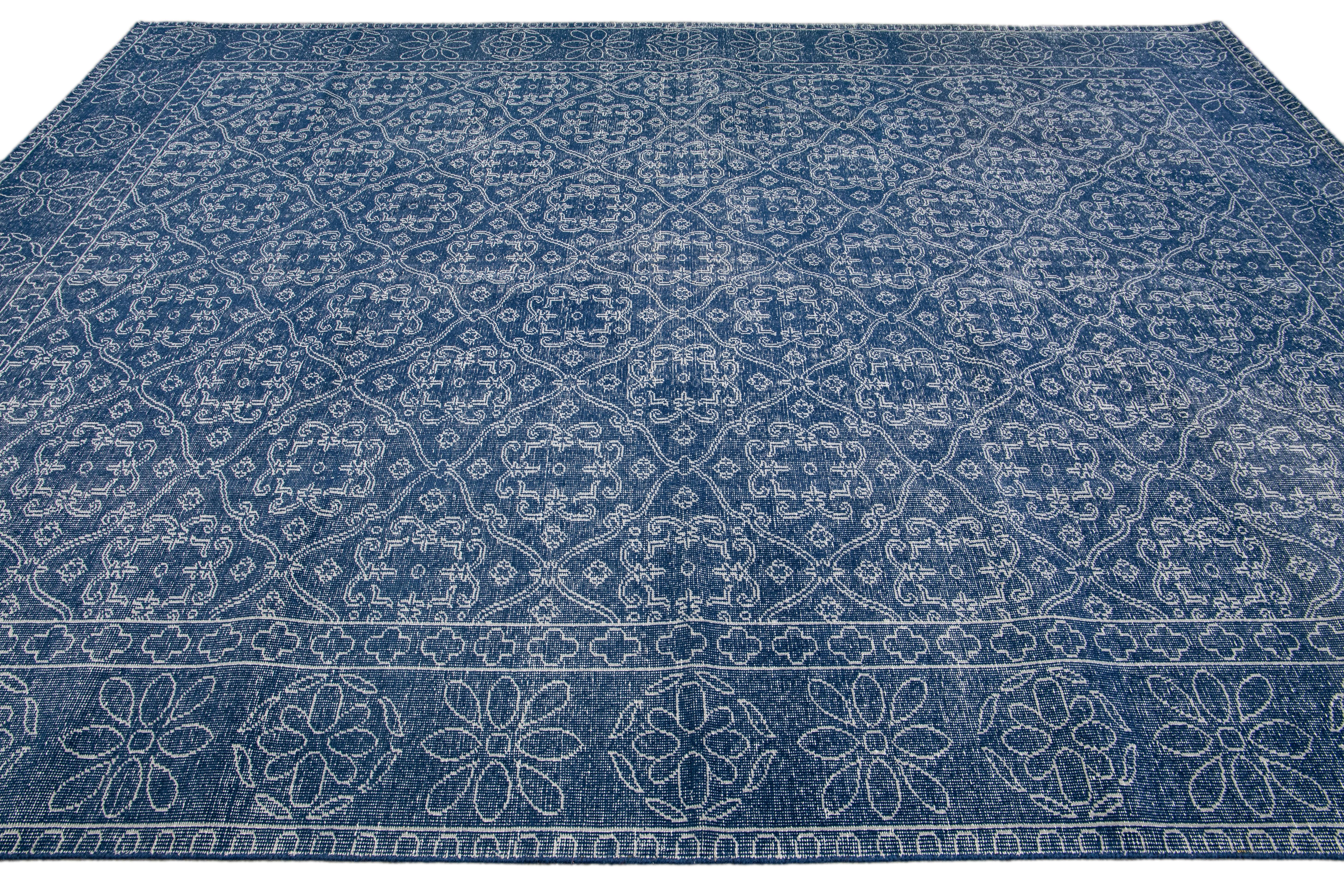 Blue Mid-Century Modern Style Handmade Floral Trellis Motif Wool Rug In New Condition For Sale In Norwalk, CT