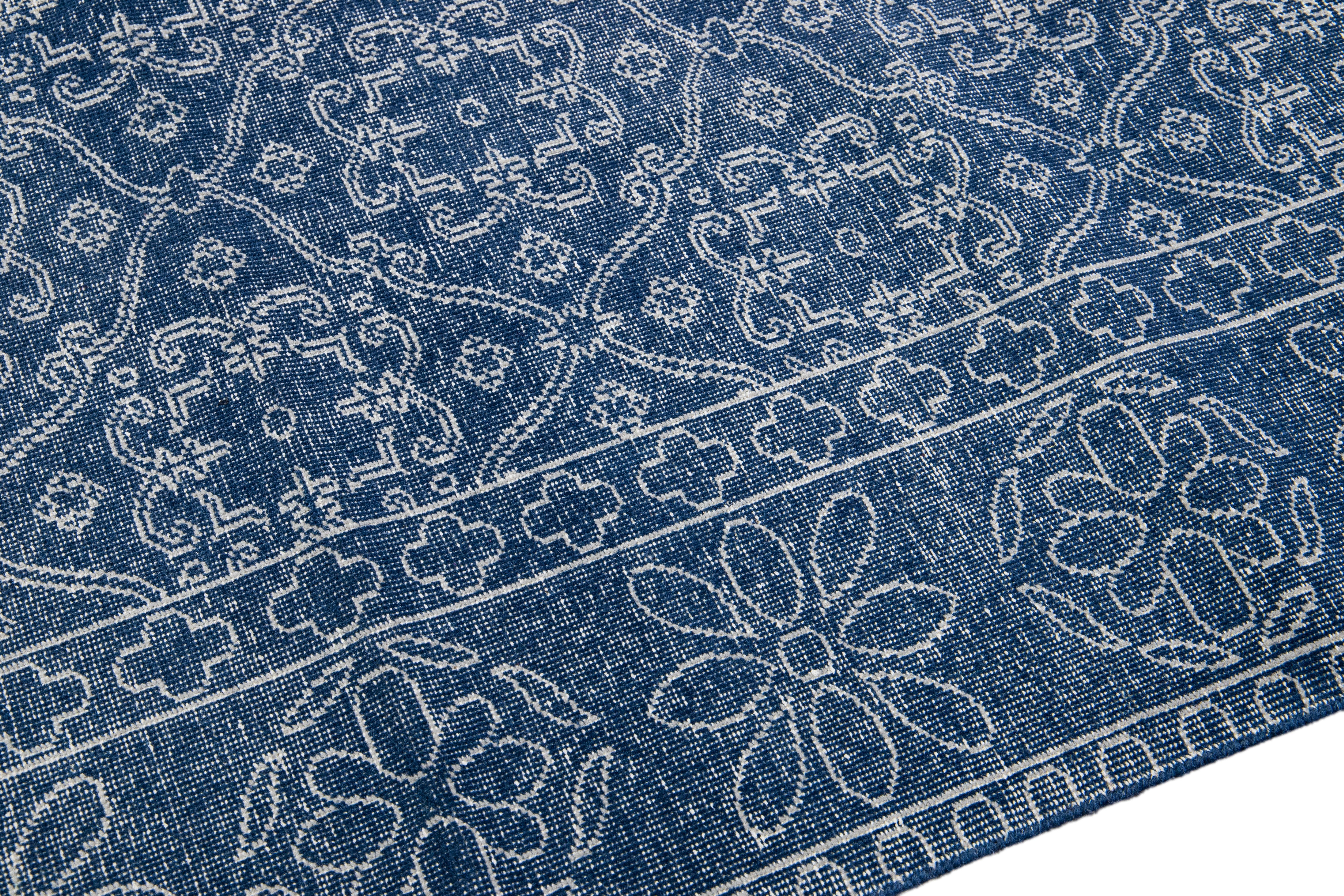 Blue Mid-Century Modern Style Handmade Floral Trellis Motif Wool Rug For Sale 1