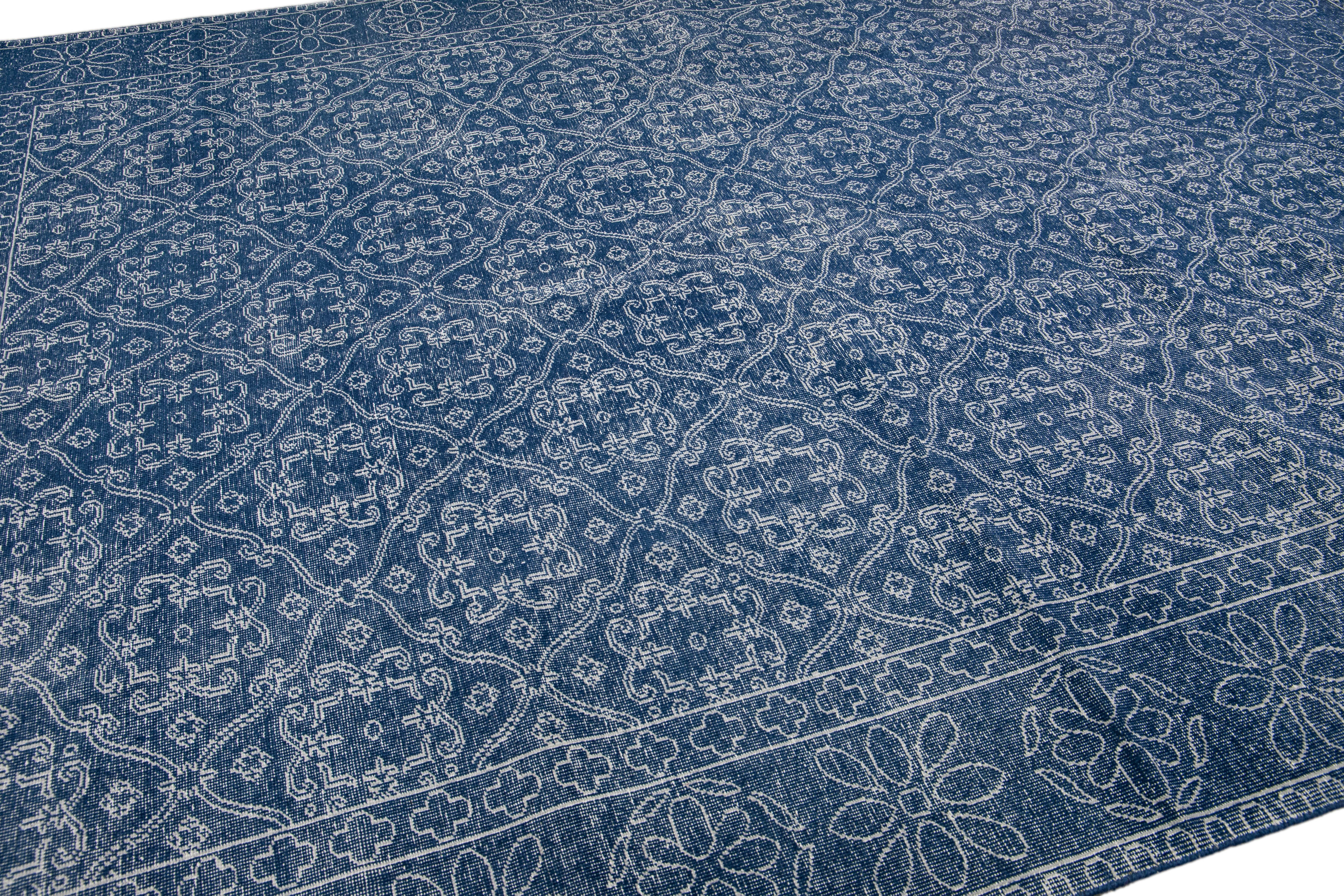 Blue Mid-Century Modern Style Handmade Floral Trellis Motif Wool Rug For Sale 3