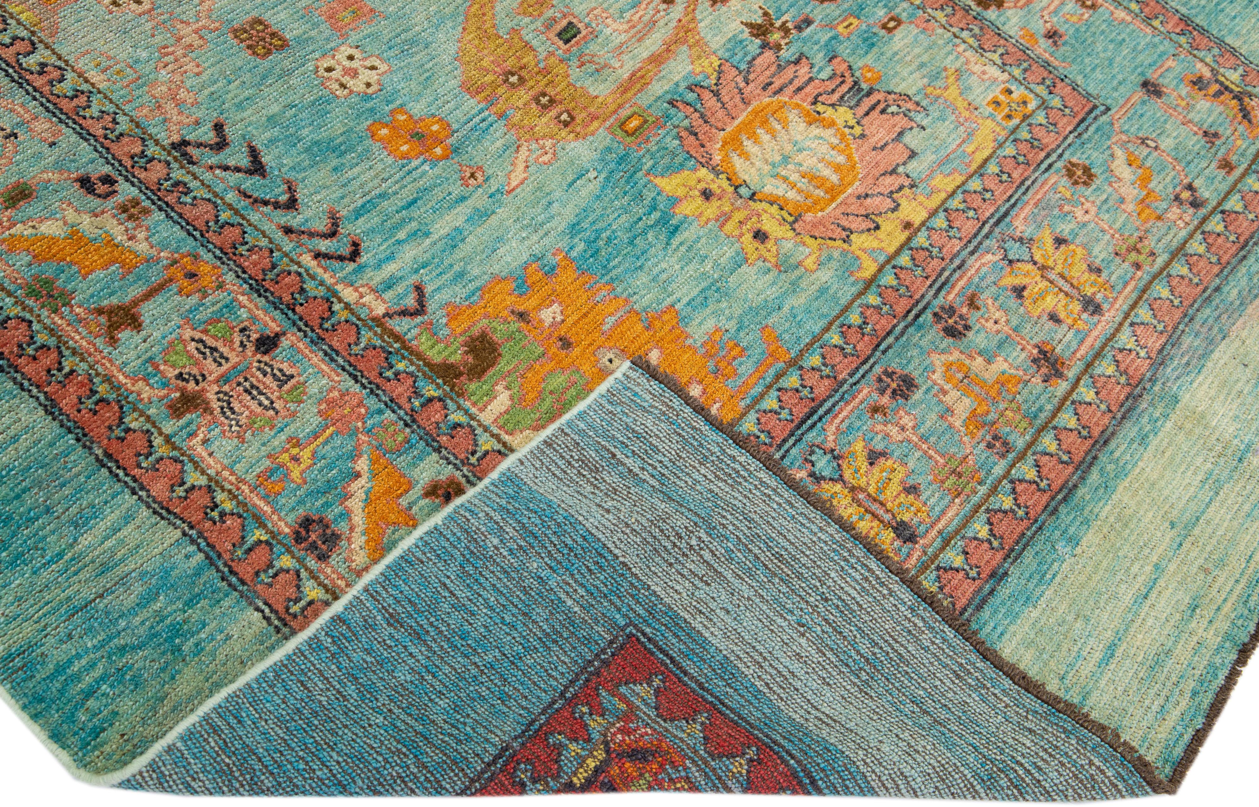 Beautiful Mid-Century Modern style rug Inspired by 19th-century regional artisans -- embodies a classic, transitional look and modern style. This handmade wool rug makes part of our Northwest collection and features a blue color field and multicolor
