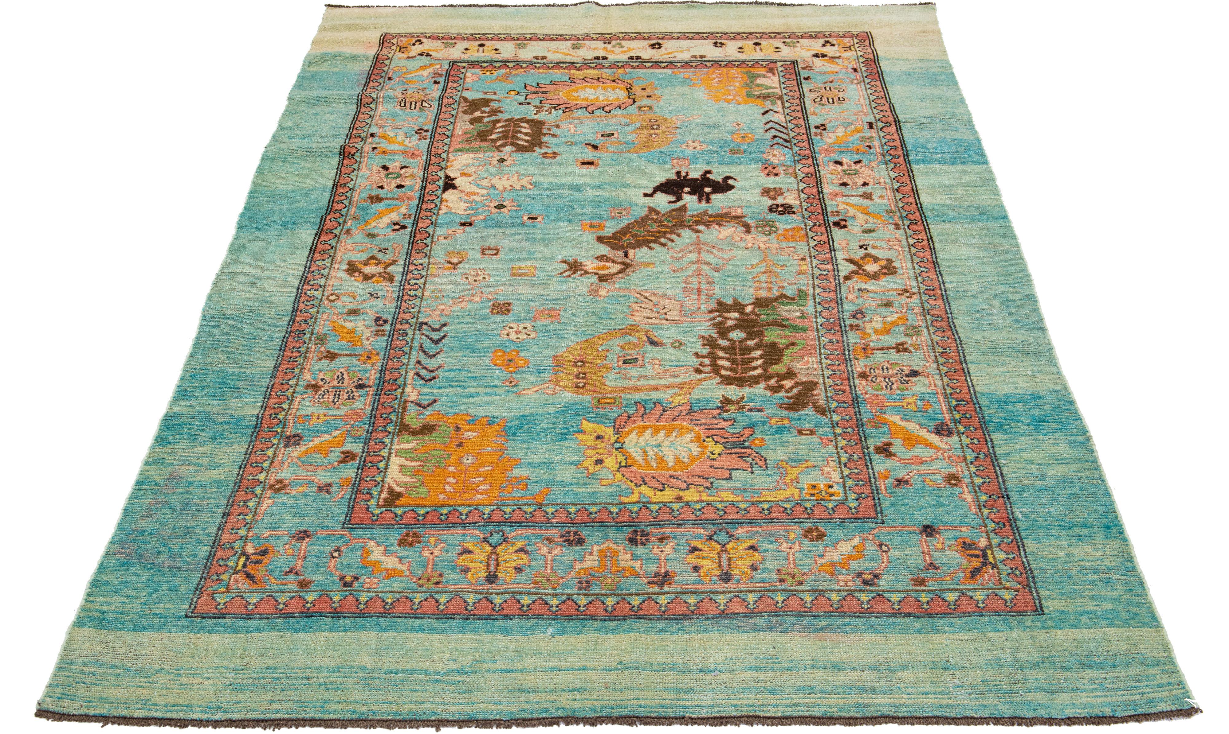 Modern Blue Mid-Century Transitional Style Handmade Floral Motif Wool Rug by Apadana For Sale