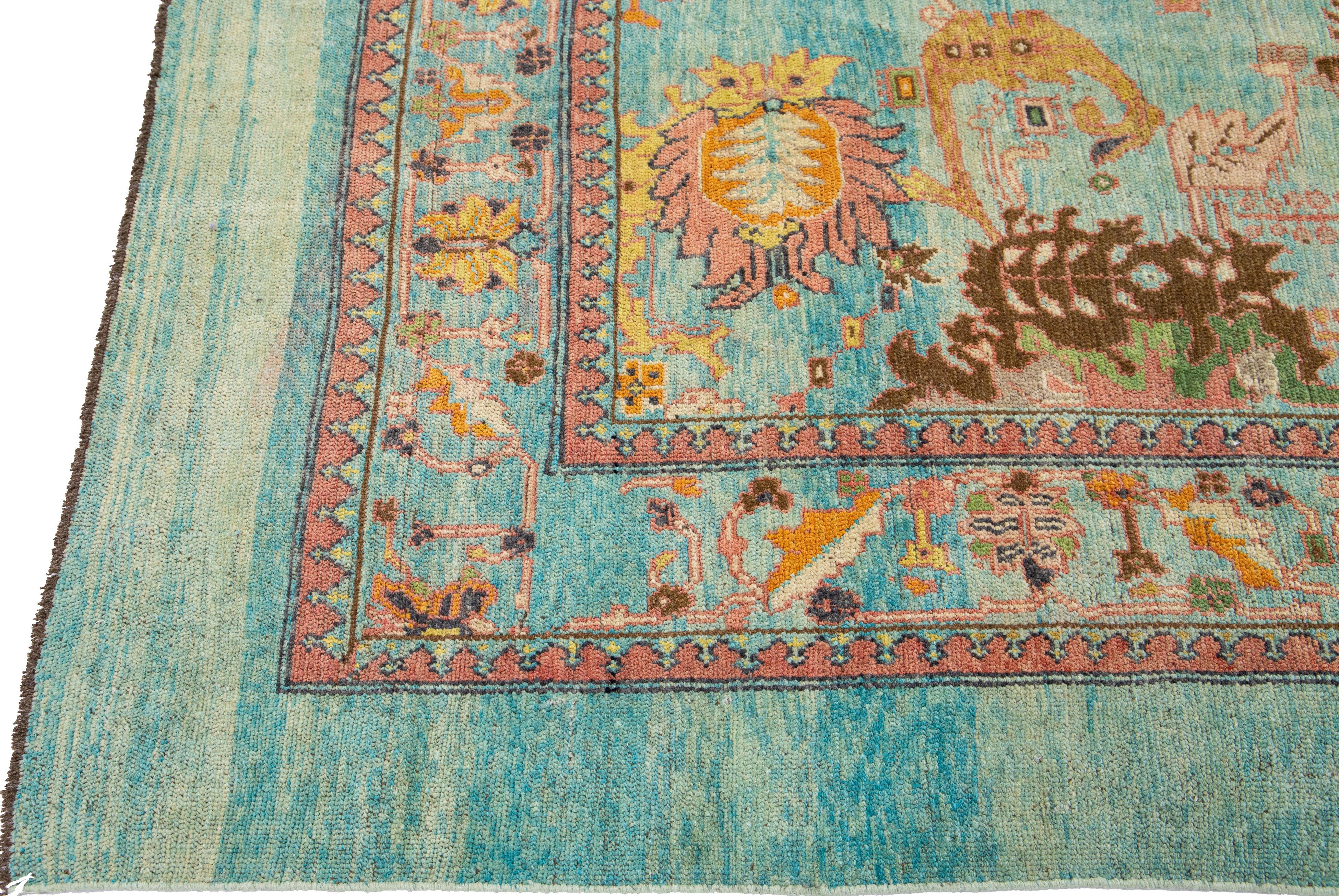 Afghan Blue Mid-Century Transitional Style Handmade Floral Motif Wool Rug by Apadana For Sale