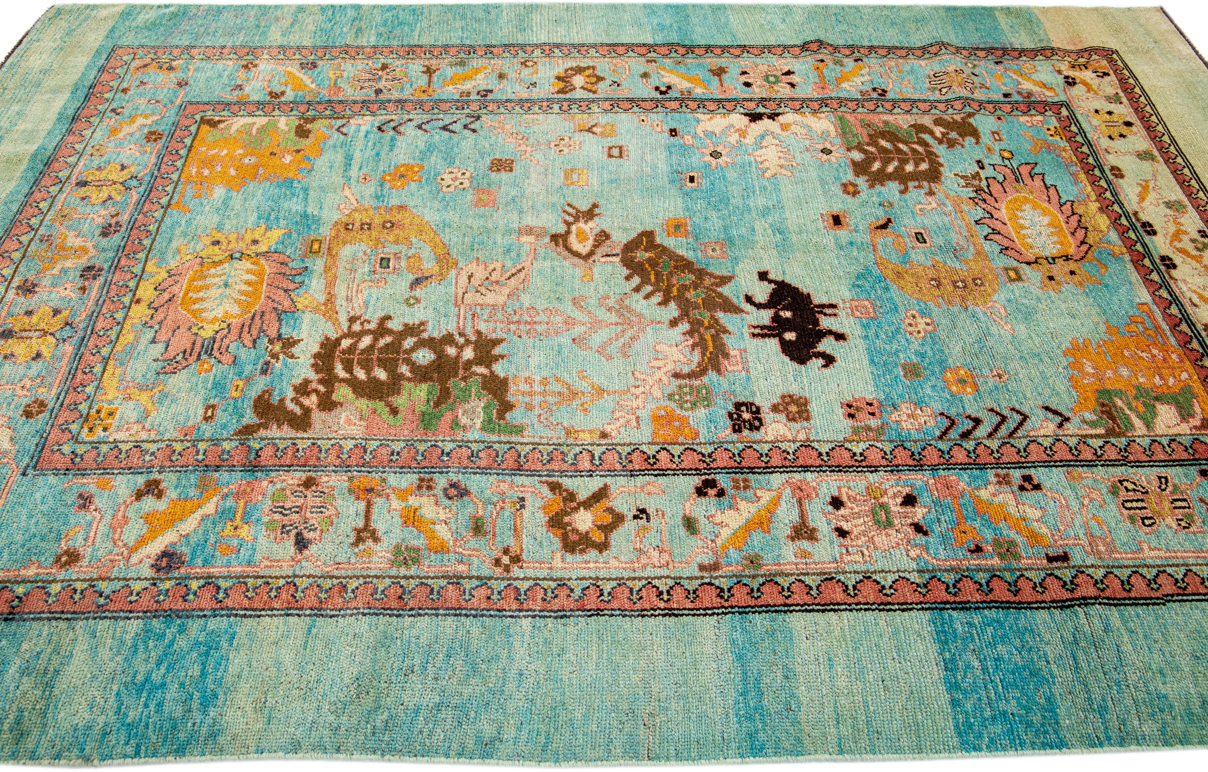 Hand-Knotted Blue Mid-Century Transitional Style Handmade Floral Motif Wool Rug by Apadana For Sale