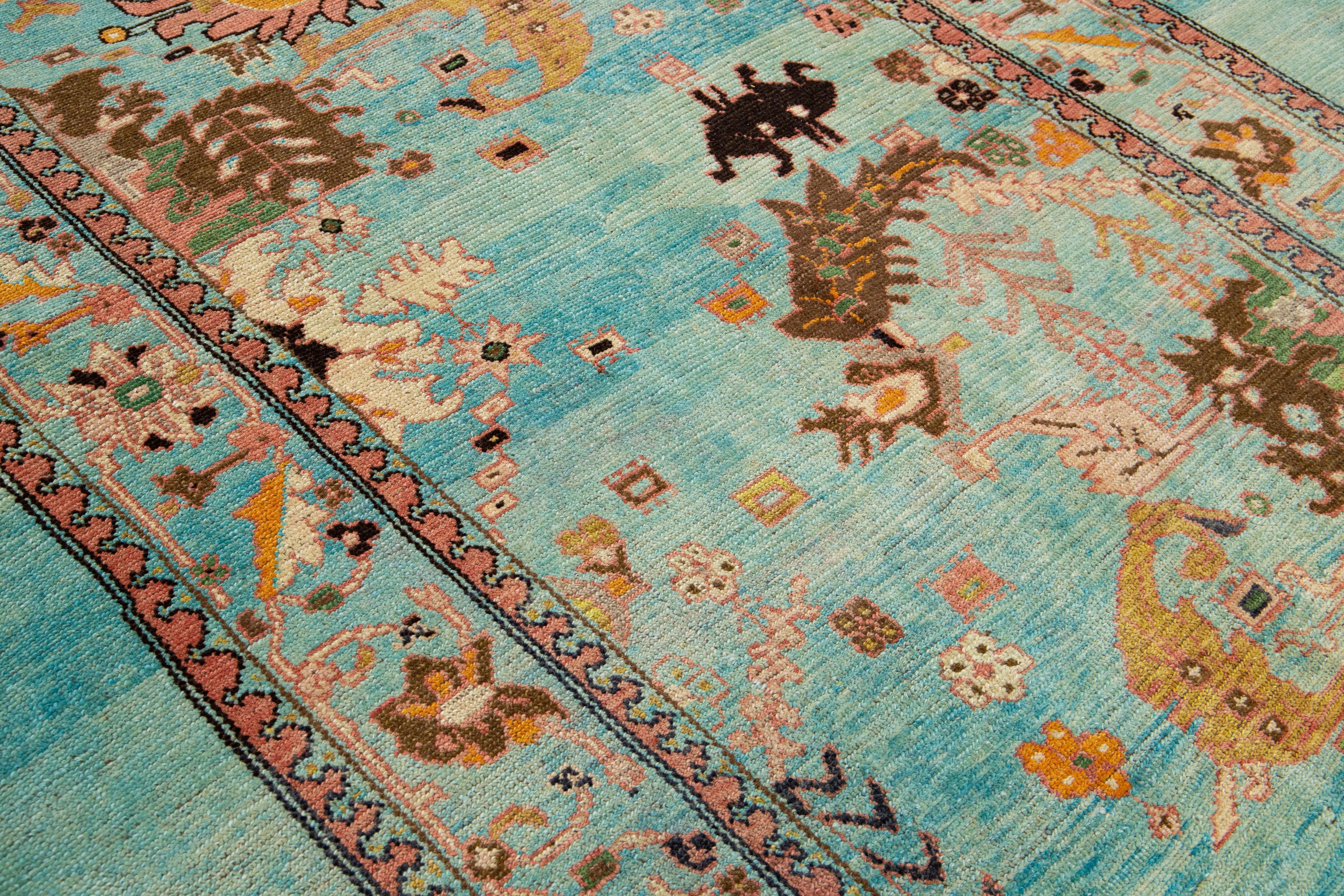 Blue Mid-Century Transitional Style Handmade Floral Motif Wool Rug by Apadana In New Condition For Sale In Norwalk, CT