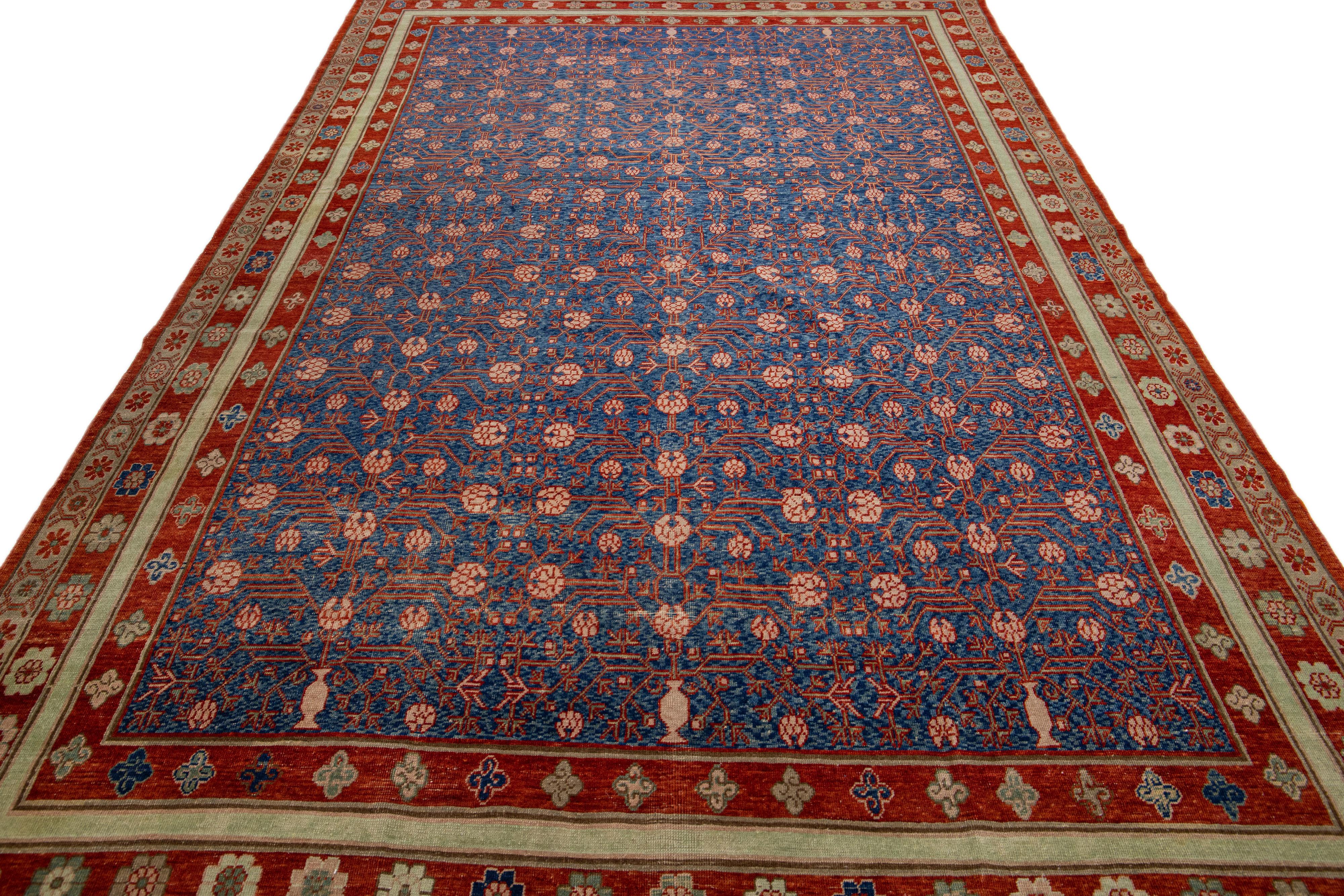 Pakistani Blue Mid-Century Vintage Khotan Handmade Geometric Wool Area Rug For Sale