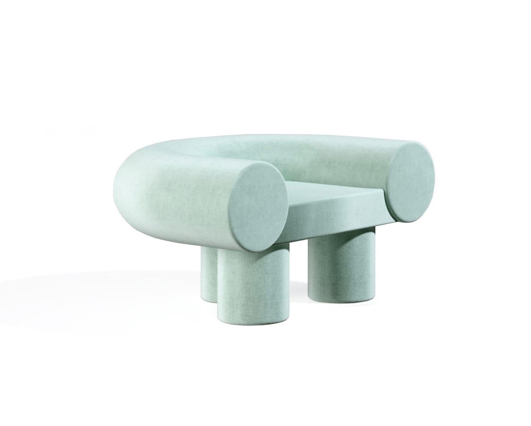 Dimensions : W 115 cm D 87 cm H 55 cm 

Seat: H 38 cm

Fabric: Suede, bouclé cream, cotton, linen

This armchair and pouf are the results of research linking minimalist design and natural components in the respect of the true values of