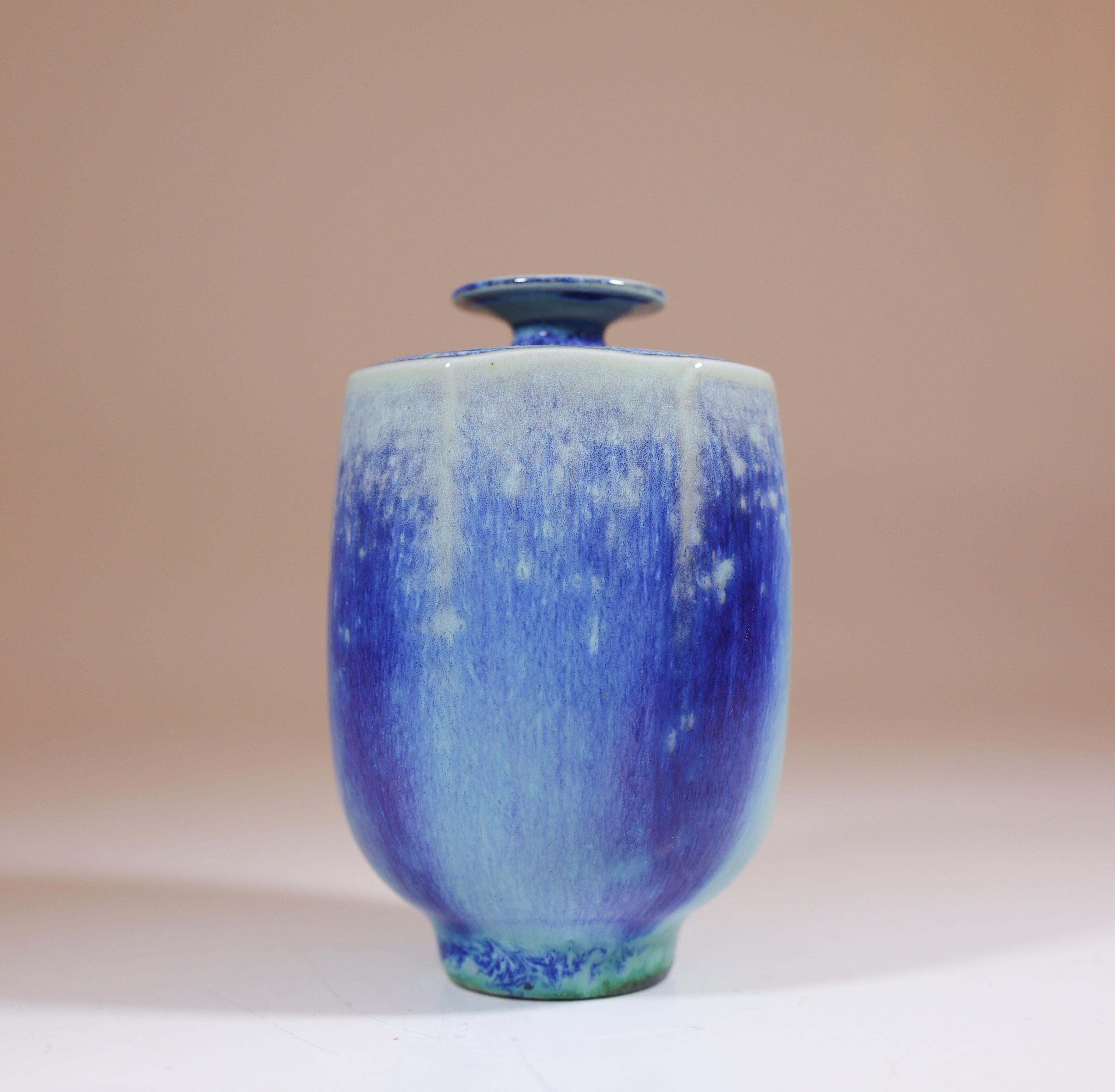 Scandinavian Modern Blue Miniature Stoneware Vase with Aniara Glaze Berndt Friberg Gustavsberg 1972 For Sale