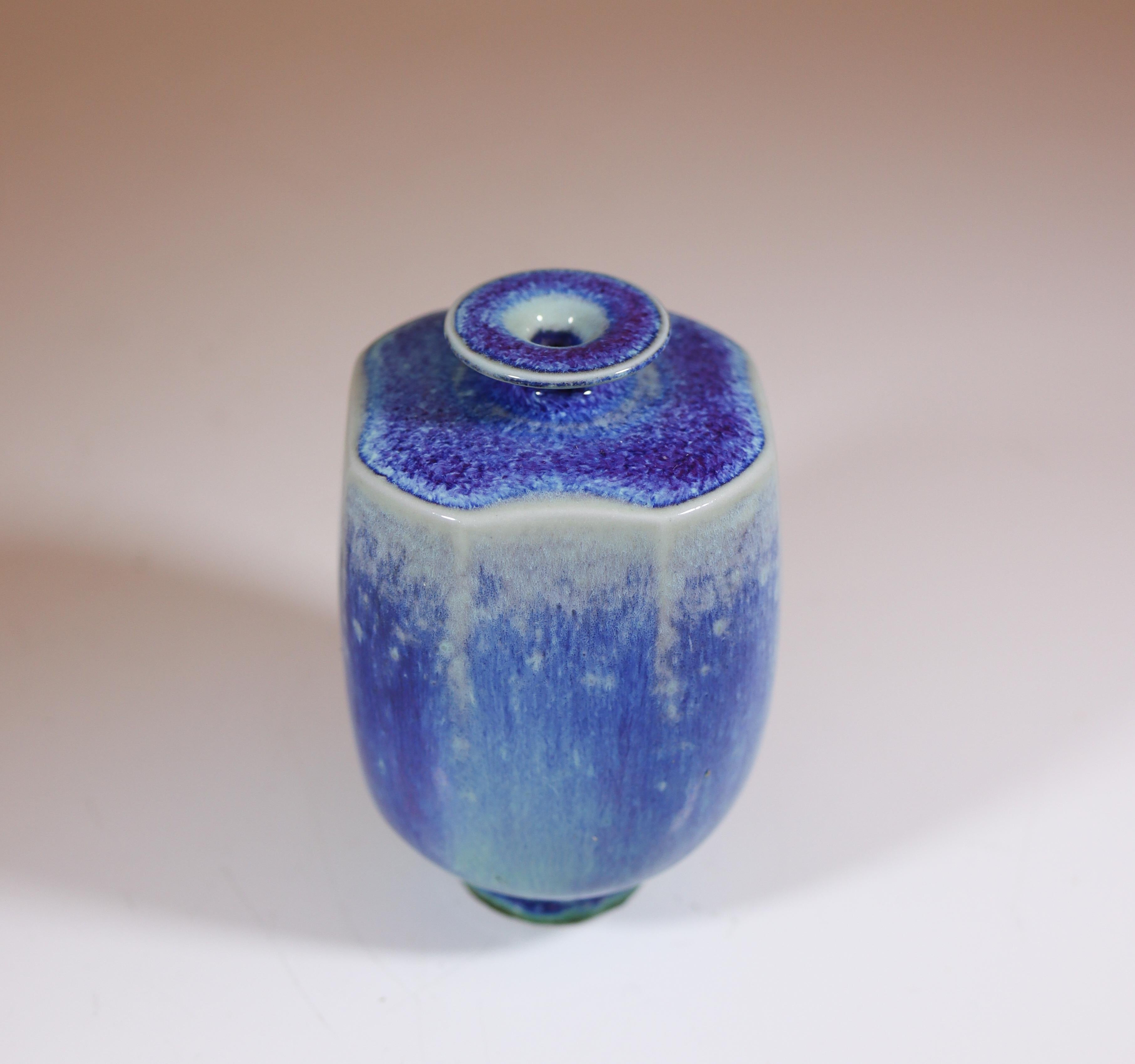 20th Century Blue Miniature Stoneware Vase with Aniara Glaze Berndt Friberg Gustavsberg 1972 For Sale