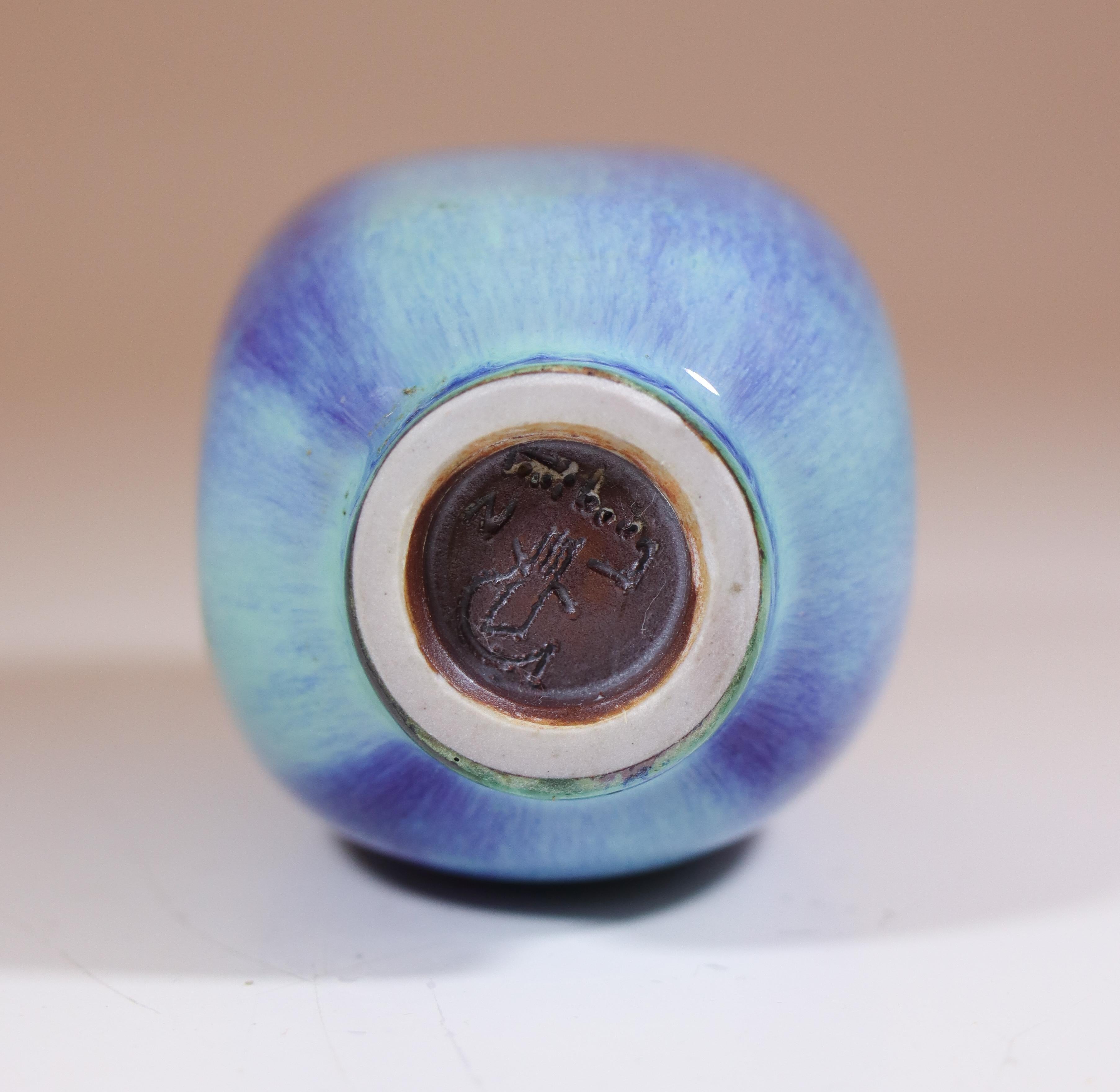 Blue Miniature Stoneware Vase with Aniara Glaze Berndt Friberg Gustavsberg 1972 For Sale 2