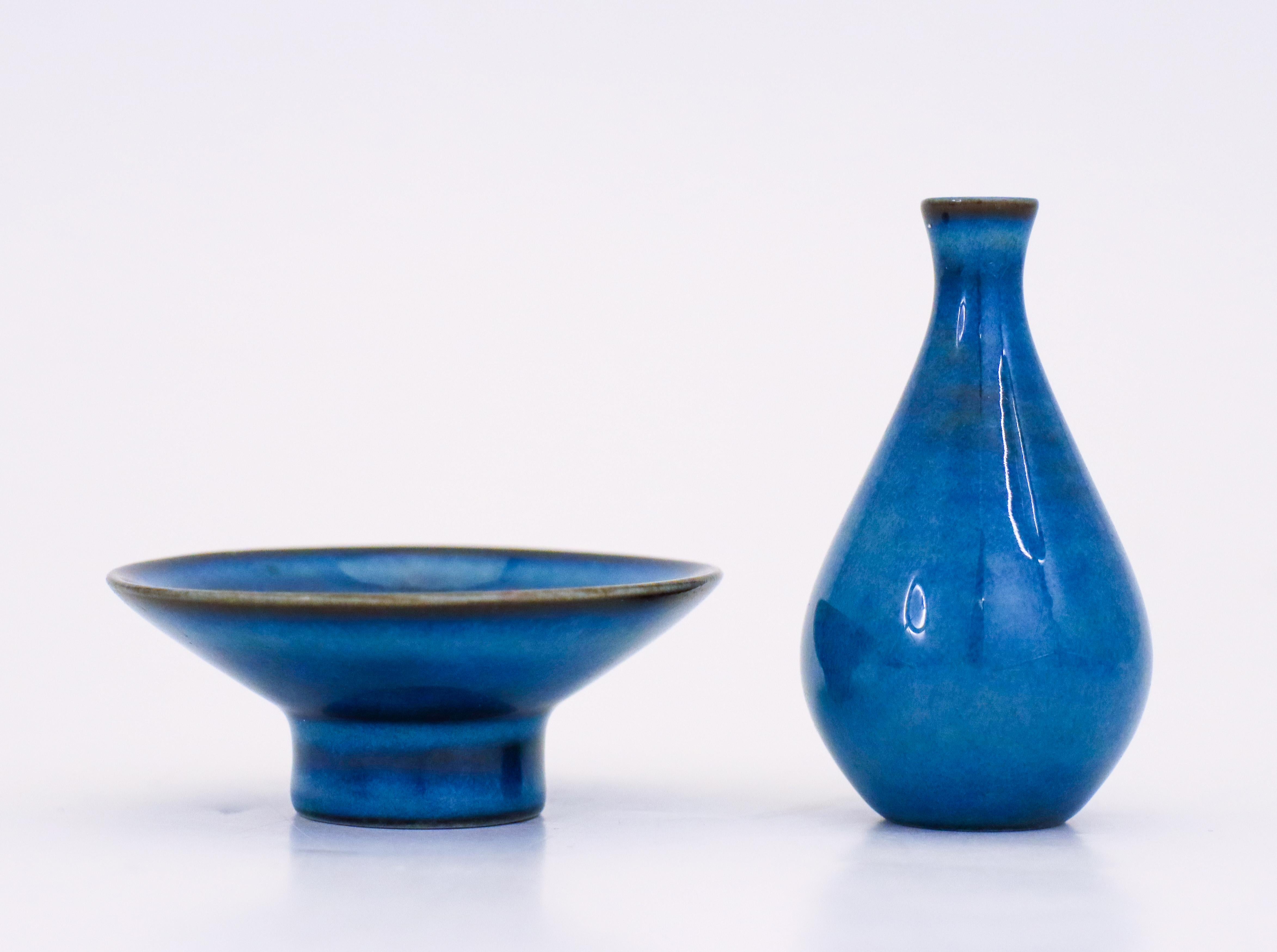 Blaue Miniatur Vase & Schale - Bertil Lundgren - Rörstrand - Mid Century Modern (Schwedisch) im Angebot