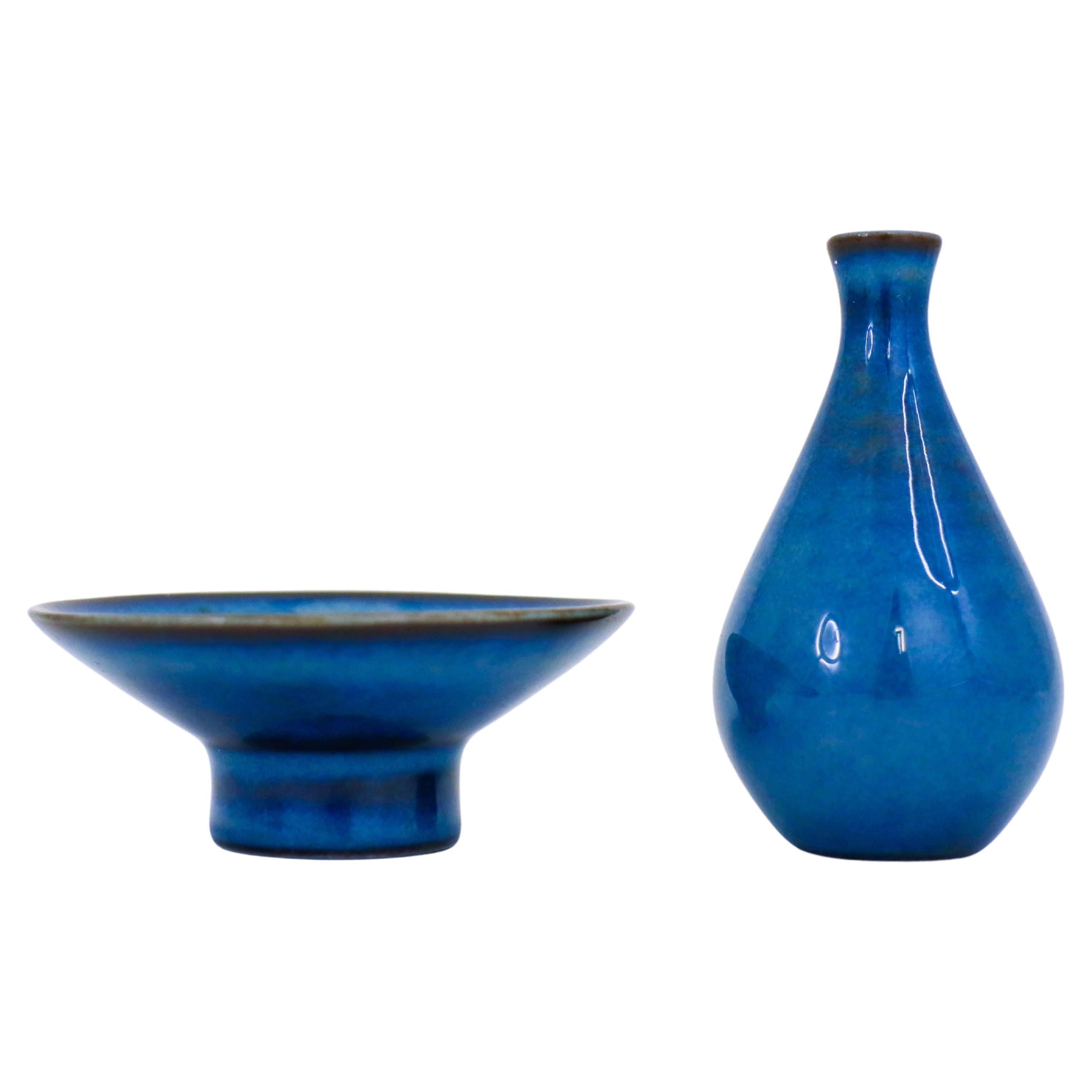 Blaue Miniatur Vase & Schale - Bertil Lundgren - Rörstrand - Mid Century Modern im Angebot