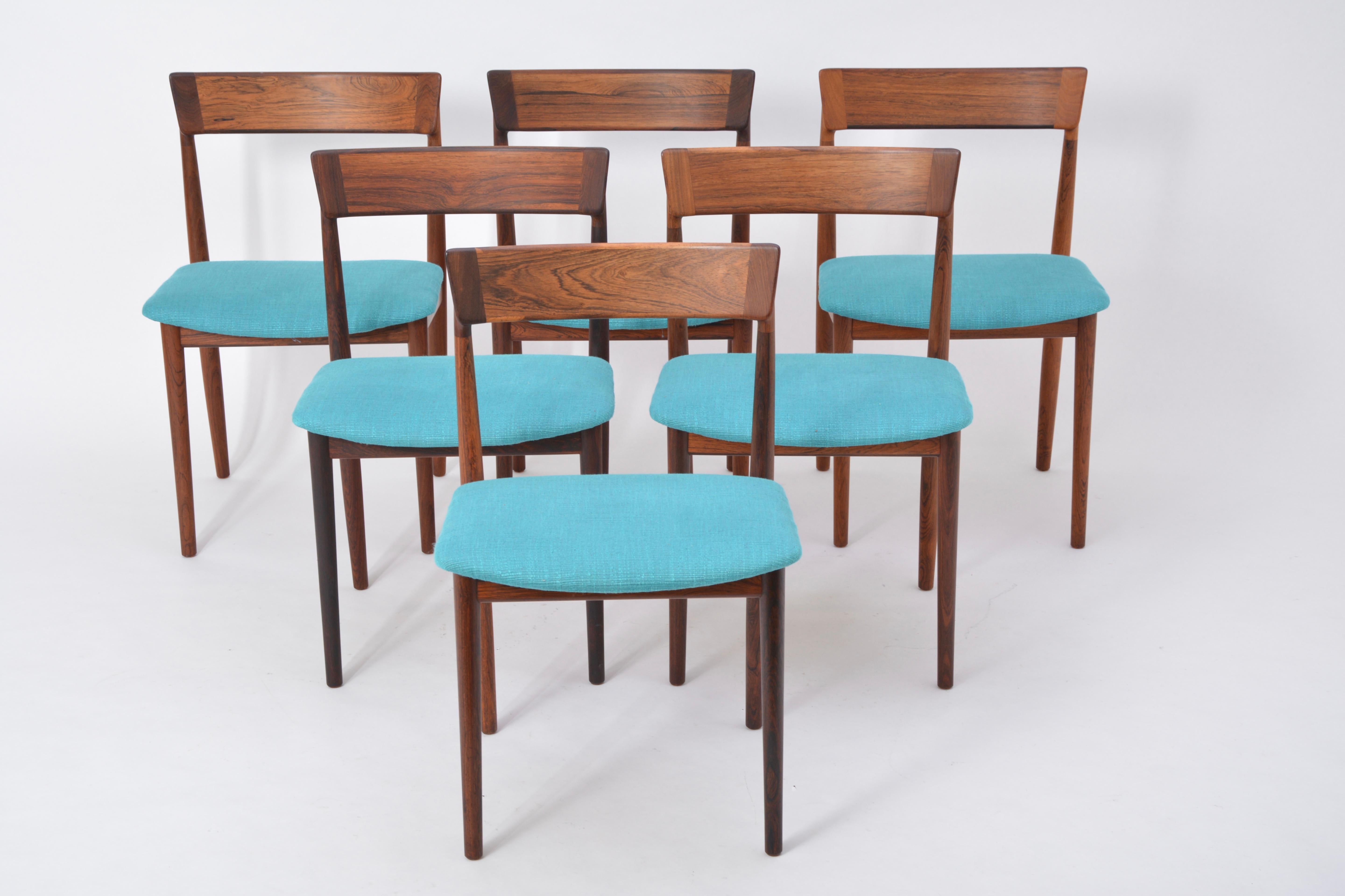 Set of six rosewood dining chairs, model 39, designed by Henry Rosengren Hansen and produced by Brande Møbelfabrik in Denmark, probably in the 1960s. Reupholstered with a turquoise fabric.