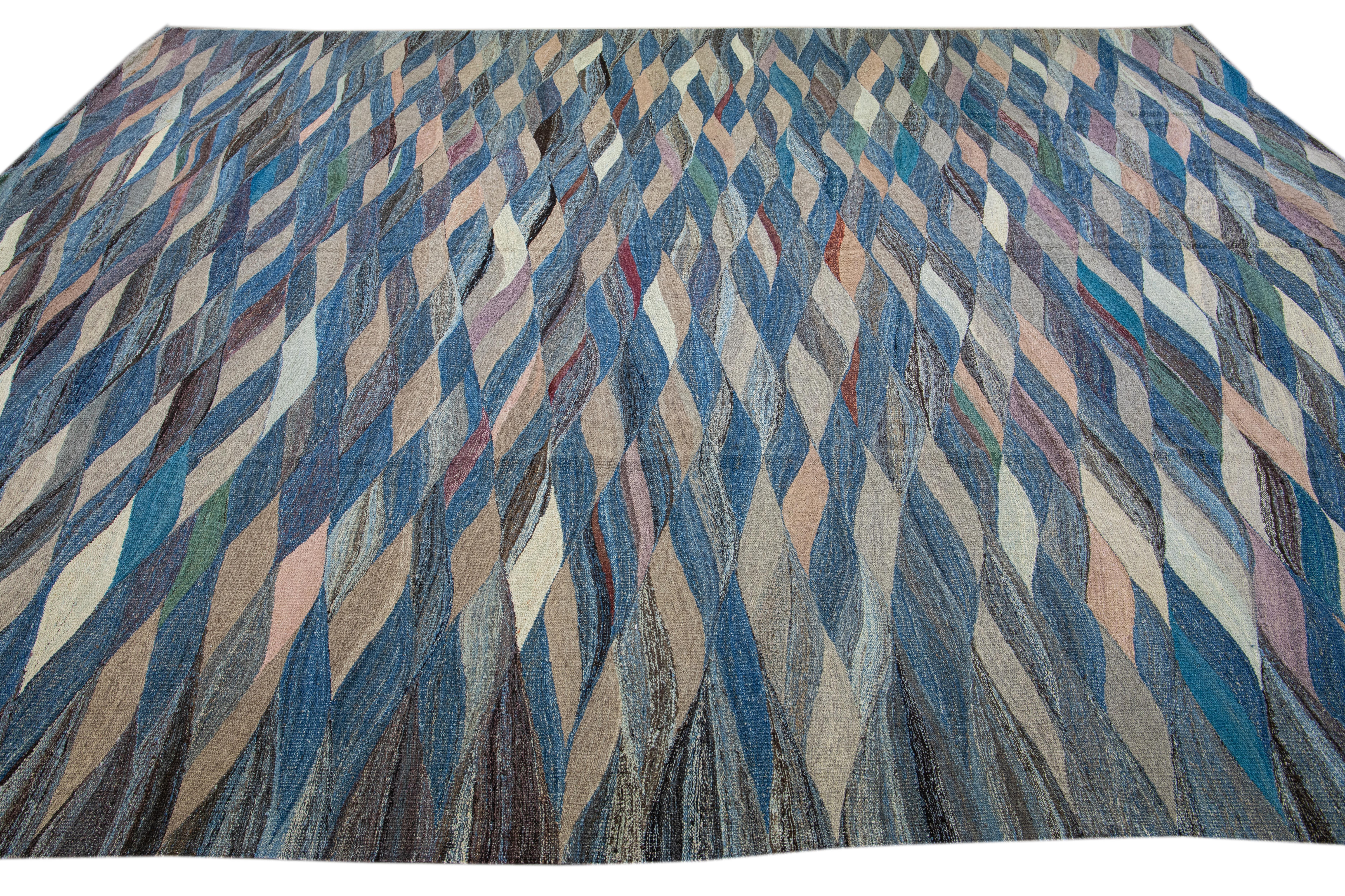 Hand-Knotted Blue Modern Abstract Flat-Weave Oversize Wool Rug For Sale