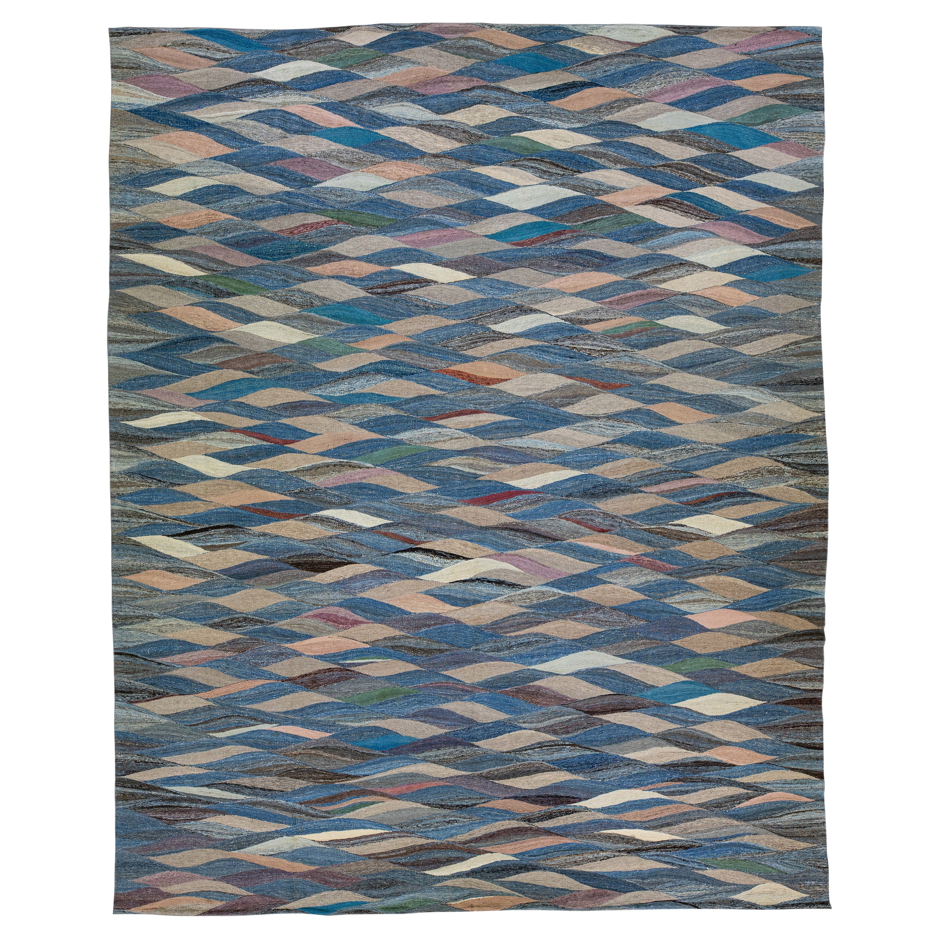 Tappeto blu moderno astratto a trama piatta in lana oversize in vendita