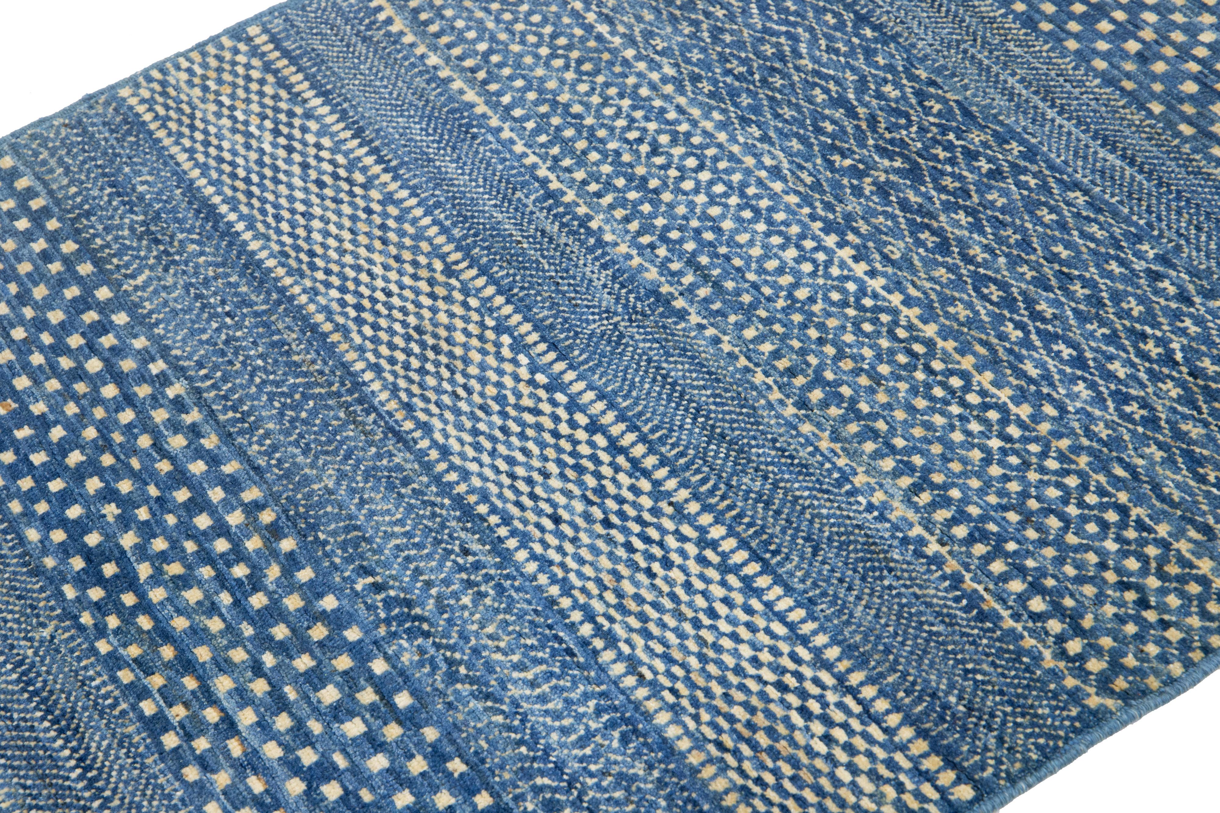 Hand-Woven Blue Modern Afghan Wool Rug with Geometric Pattern For Sale