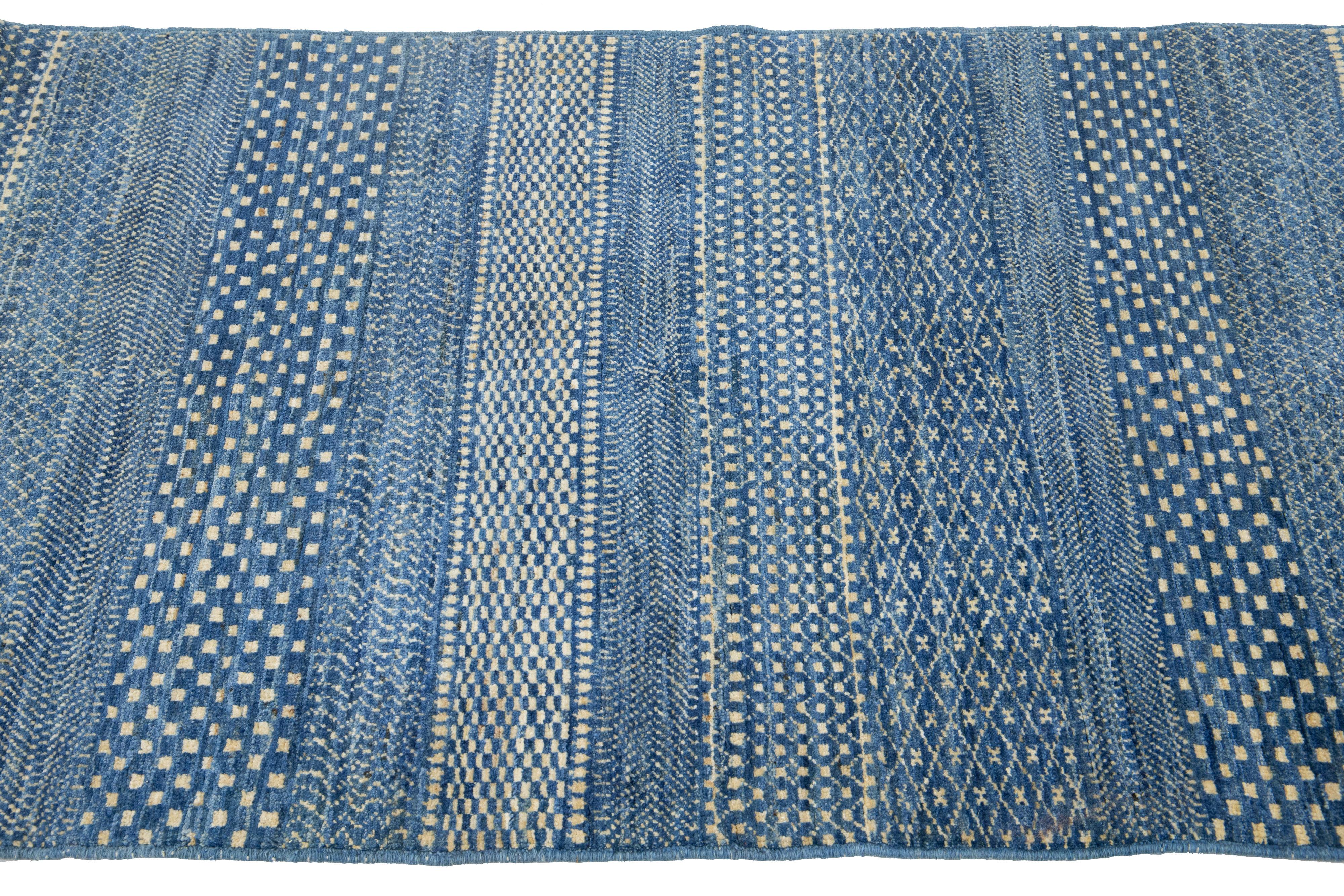 Blue Modern Afghan Wool Rug with Geometric Pattern In New Condition For Sale In Norwalk, CT