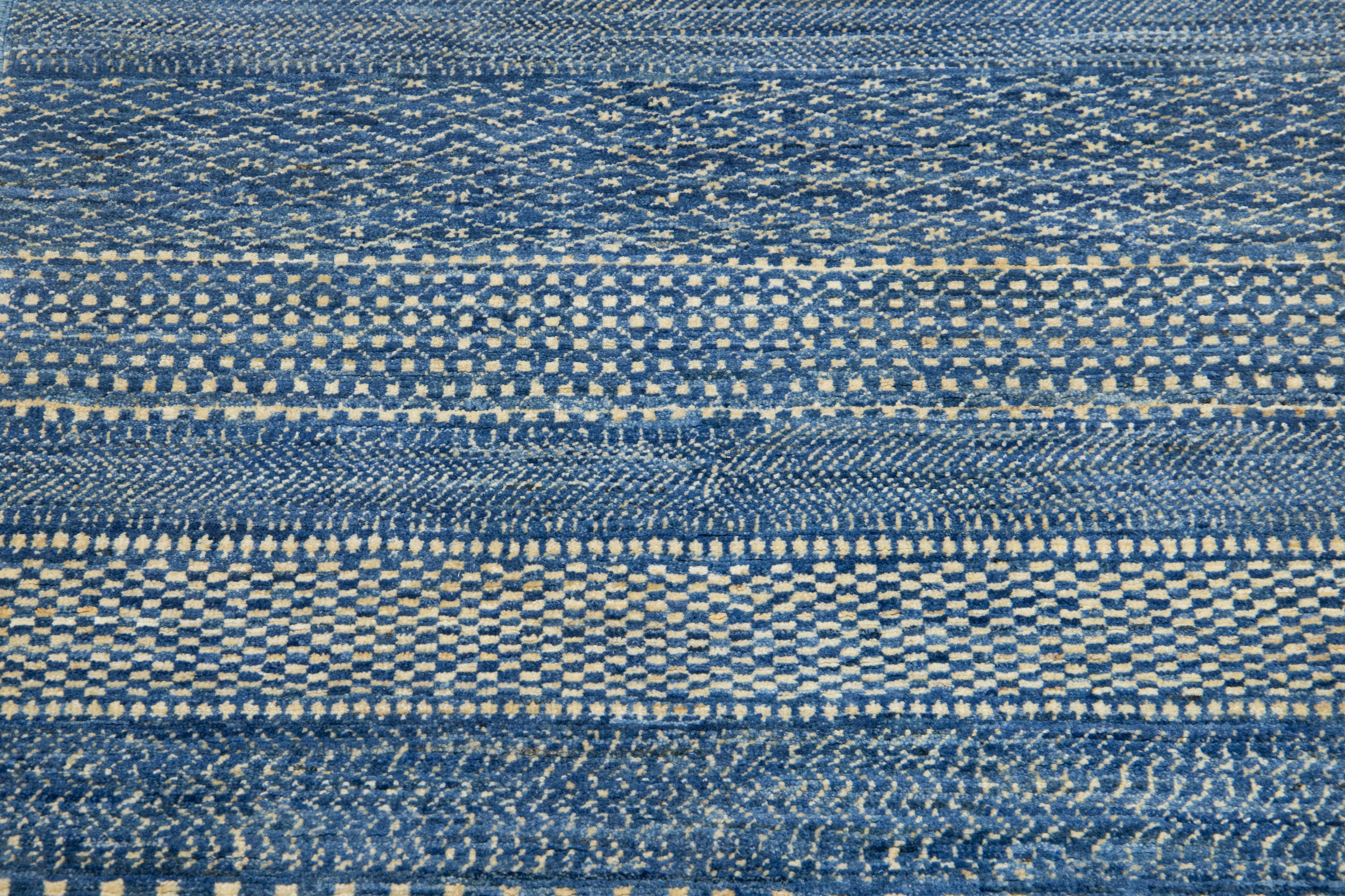 Blue Modern Afghan Wool Rug with Geometric Pattern For Sale 1