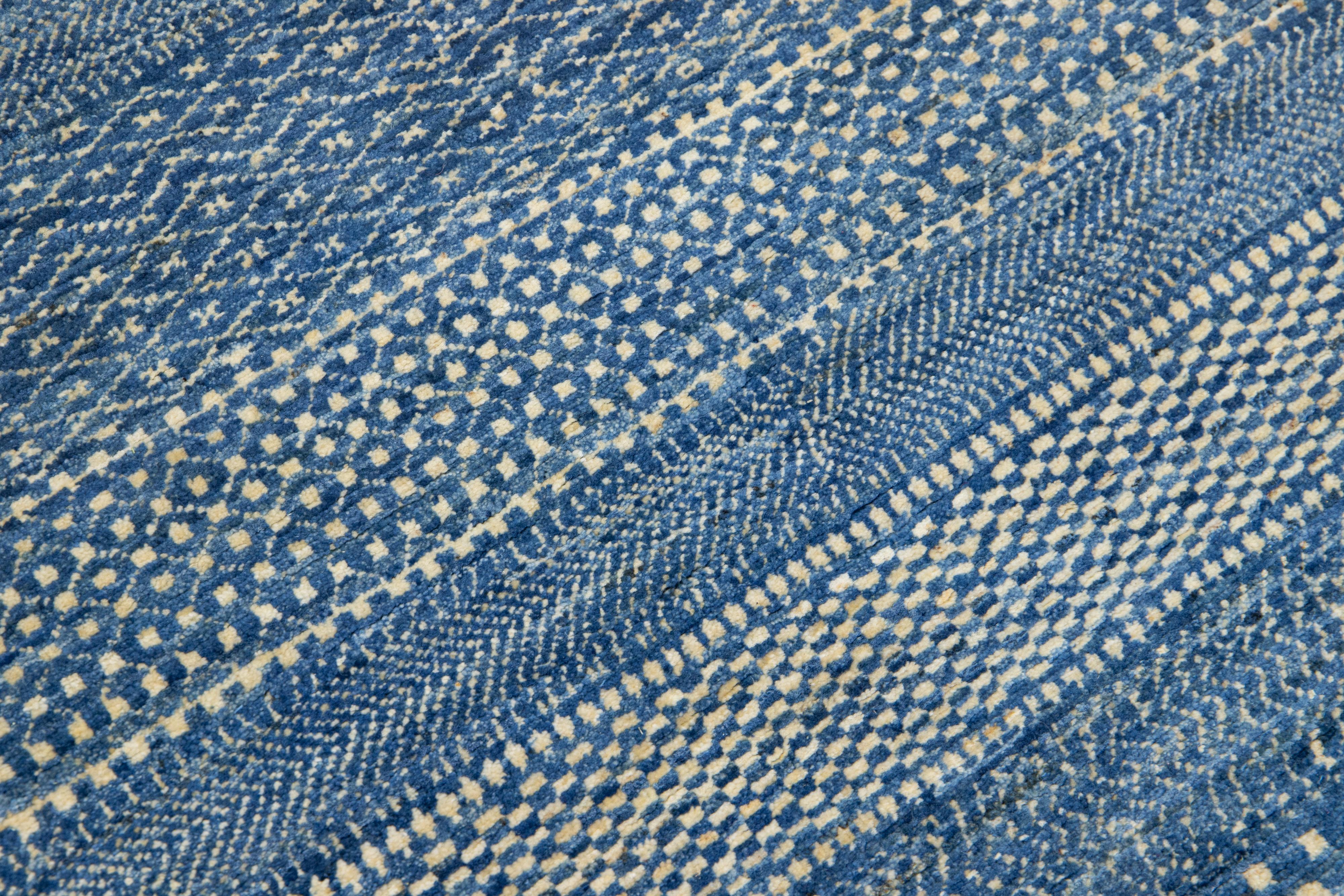 Blue Modern Afghan Wool Rug with Geometric Pattern For Sale 2