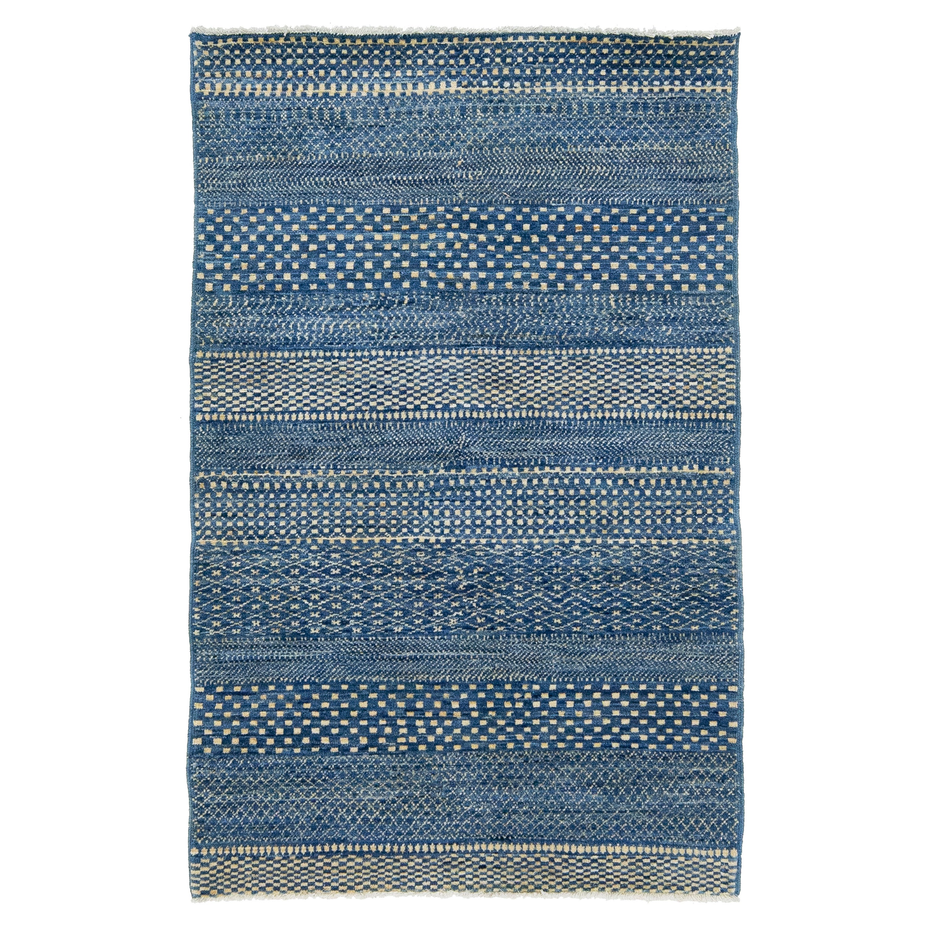 Blue Modern Afghan Wool Rug with Geometric Pattern