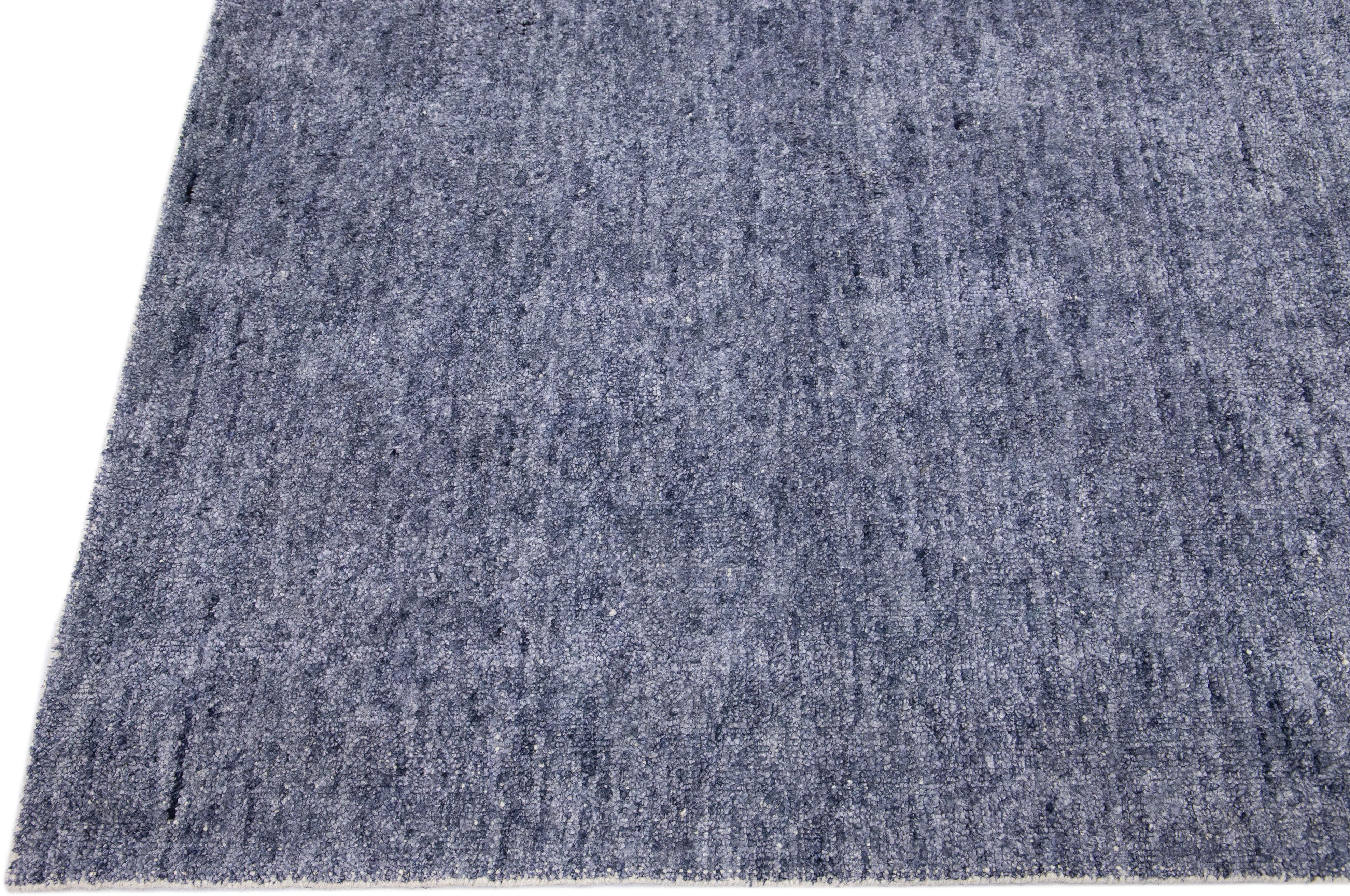 Hand-Crafted Blue Modern Apadana's Groove Handmade Bamboo/Silk Rug with Solid Design For Sale