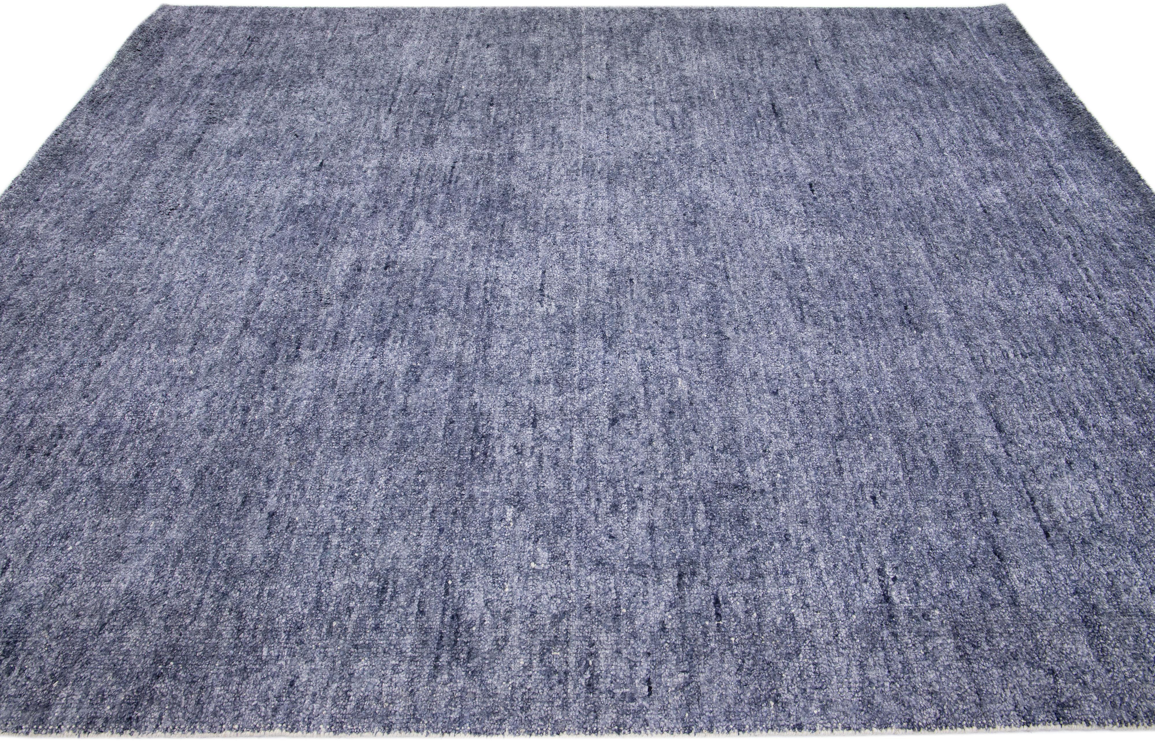 Blue Modern Apadana's Groove Handmade Bamboo/Silk Rug with Solid Design In New Condition For Sale In Norwalk, CT