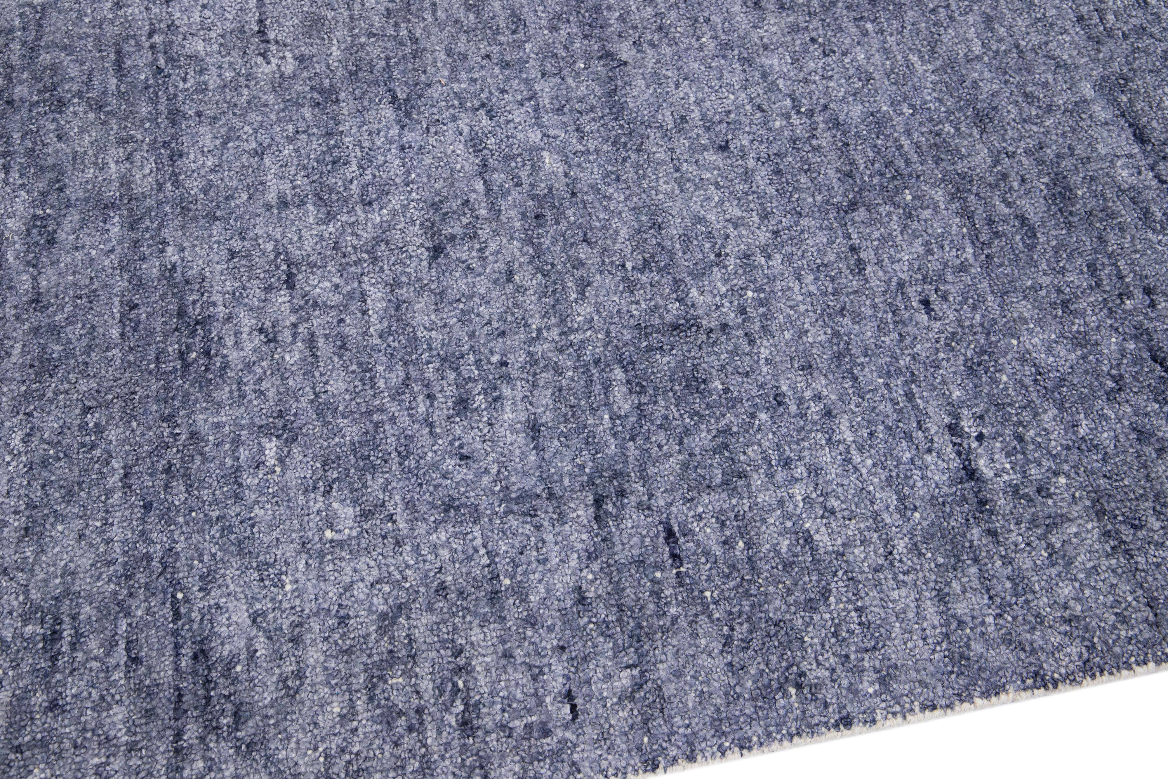 Wool Blue Modern Apadana's Groove Handmade Bamboo/Silk Rug with Solid Design For Sale