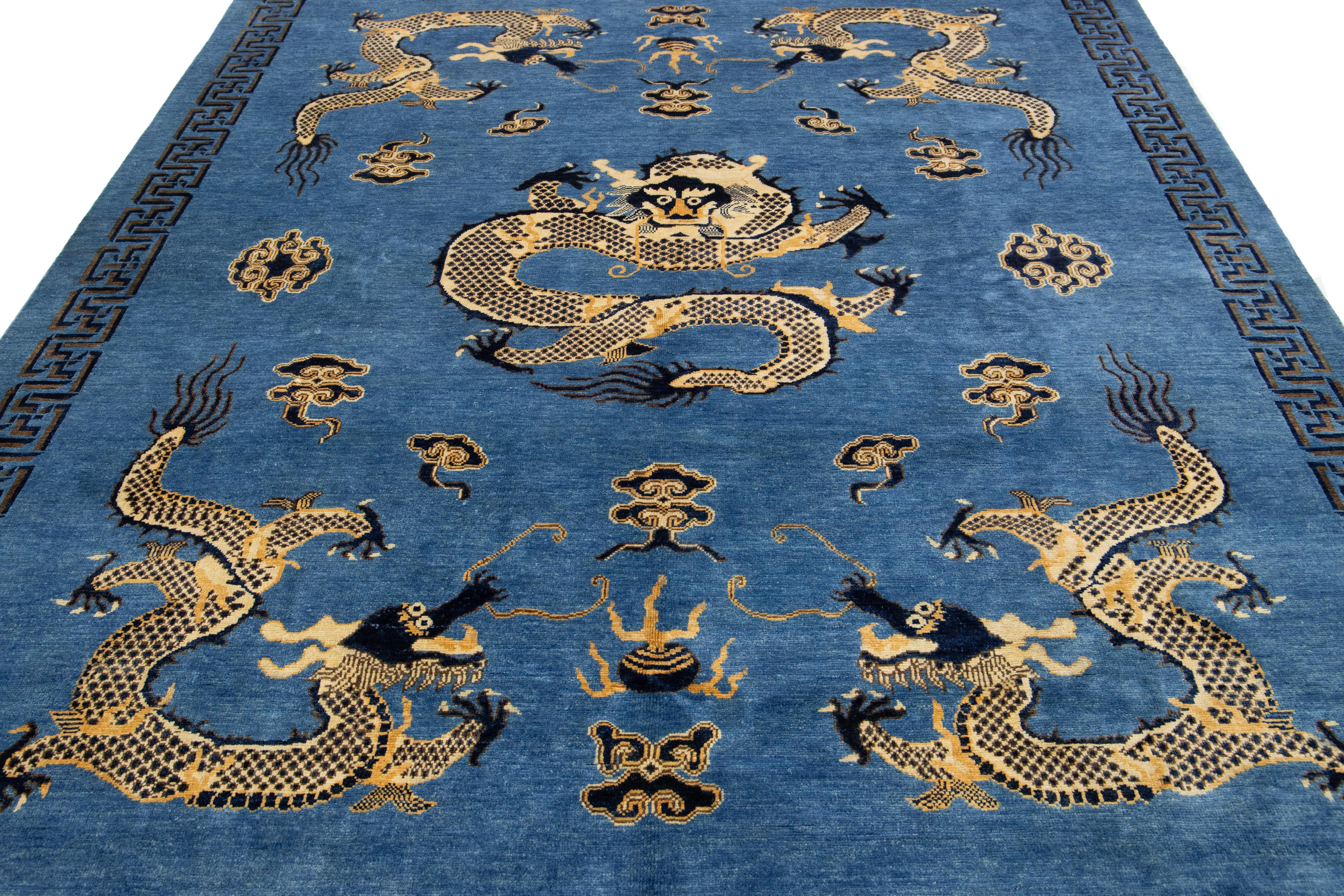 Blue Modern Chinese Style Handmade Wool Rug with Dragon Design For Sale 3