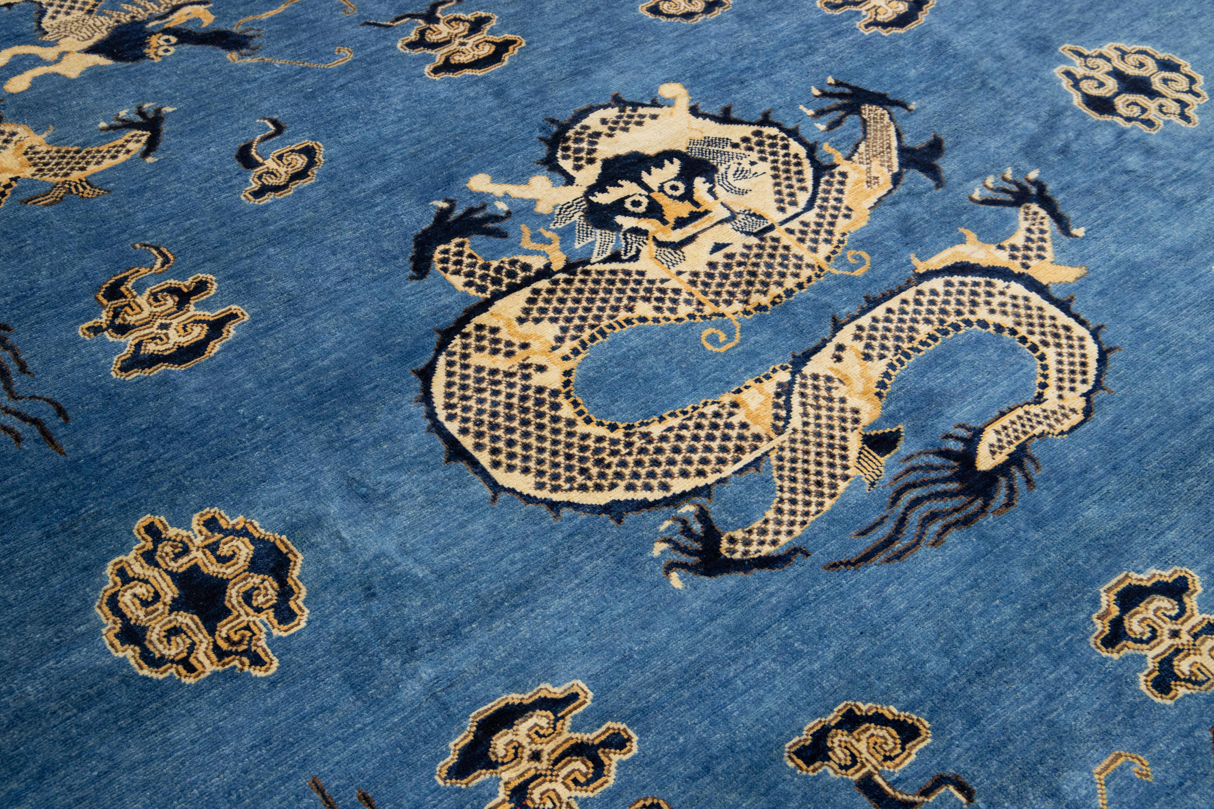 Blue Modern Chinese Style Handmade Wool Rug with Dragon Design For Sale 4