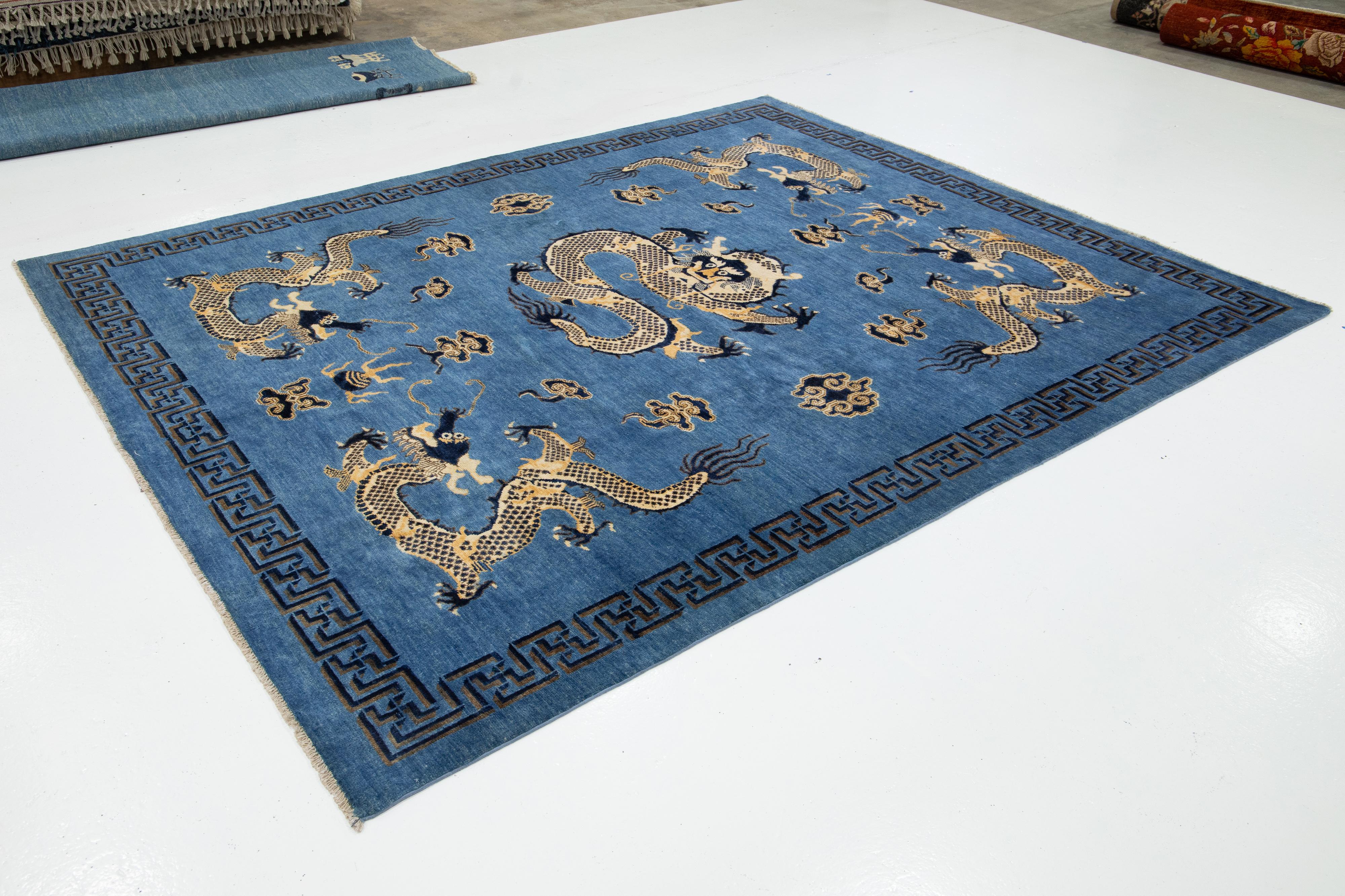 Chinese Chippendale Blue Modern Chinese Style Handmade Wool Rug with Dragon Design For Sale