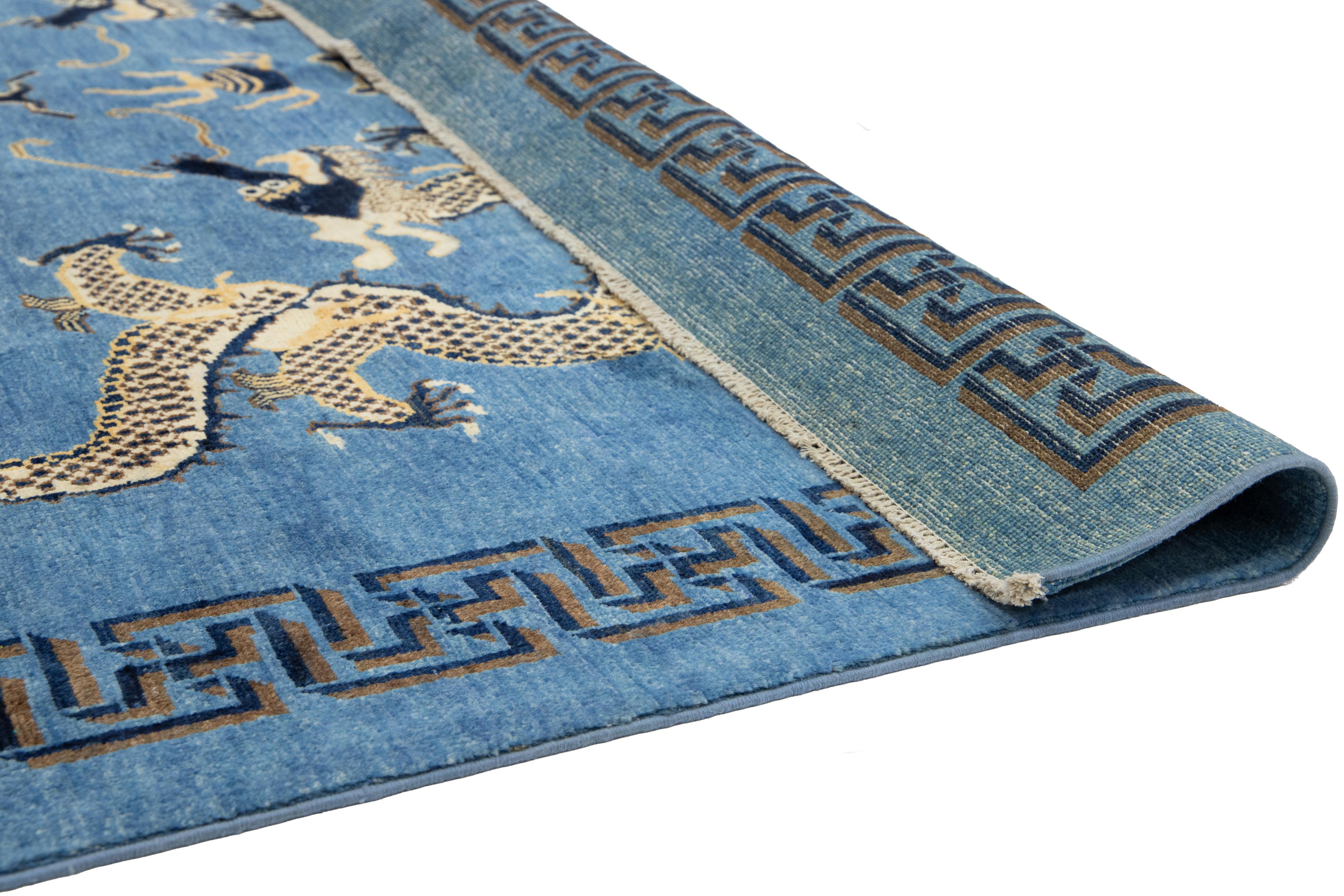 Afghan Blue Modern Chinese Style Handmade Wool Rug with Dragon Design For Sale