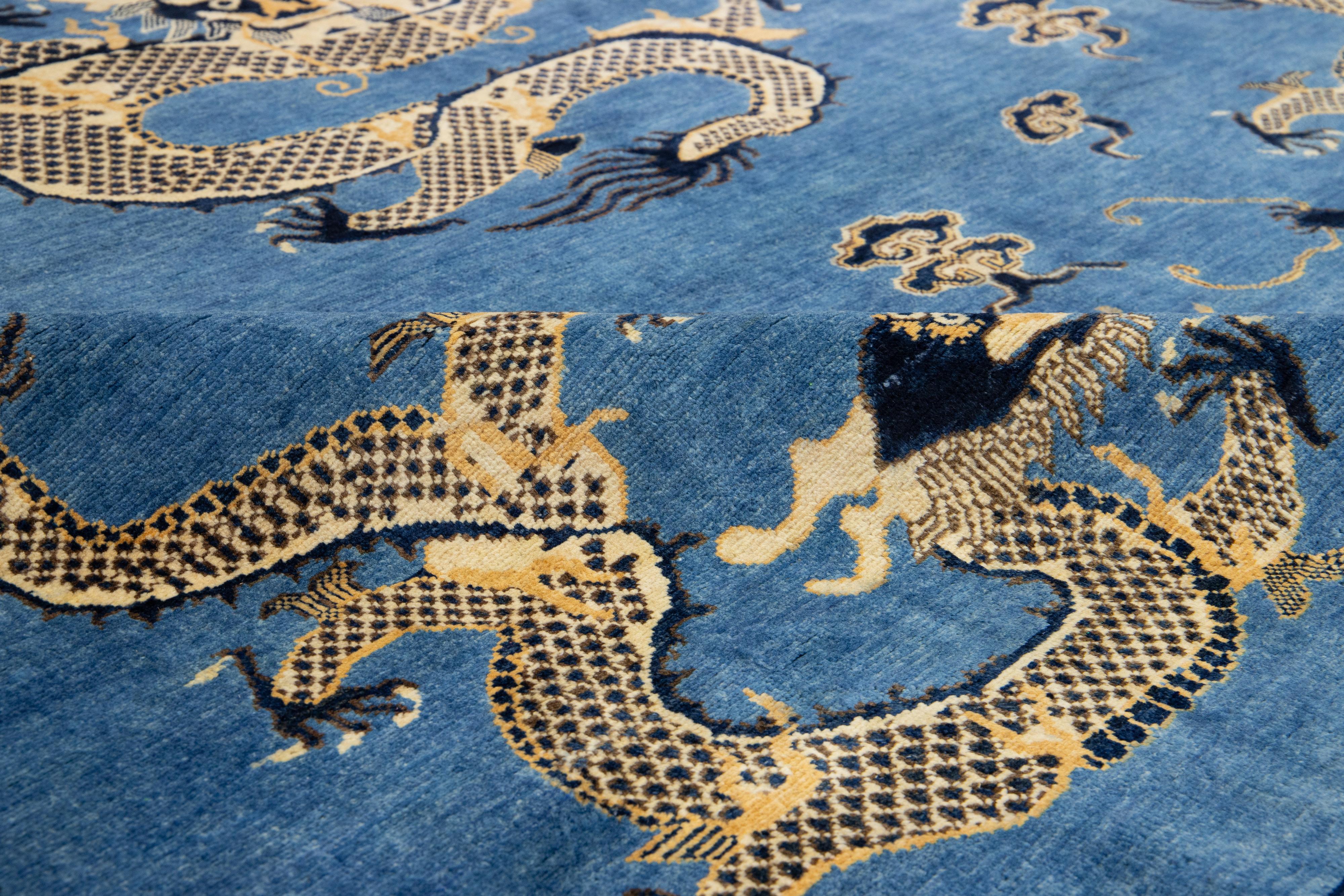 Hand-Knotted Blue Modern Chinese Style Handmade Wool Rug with Dragon Design For Sale