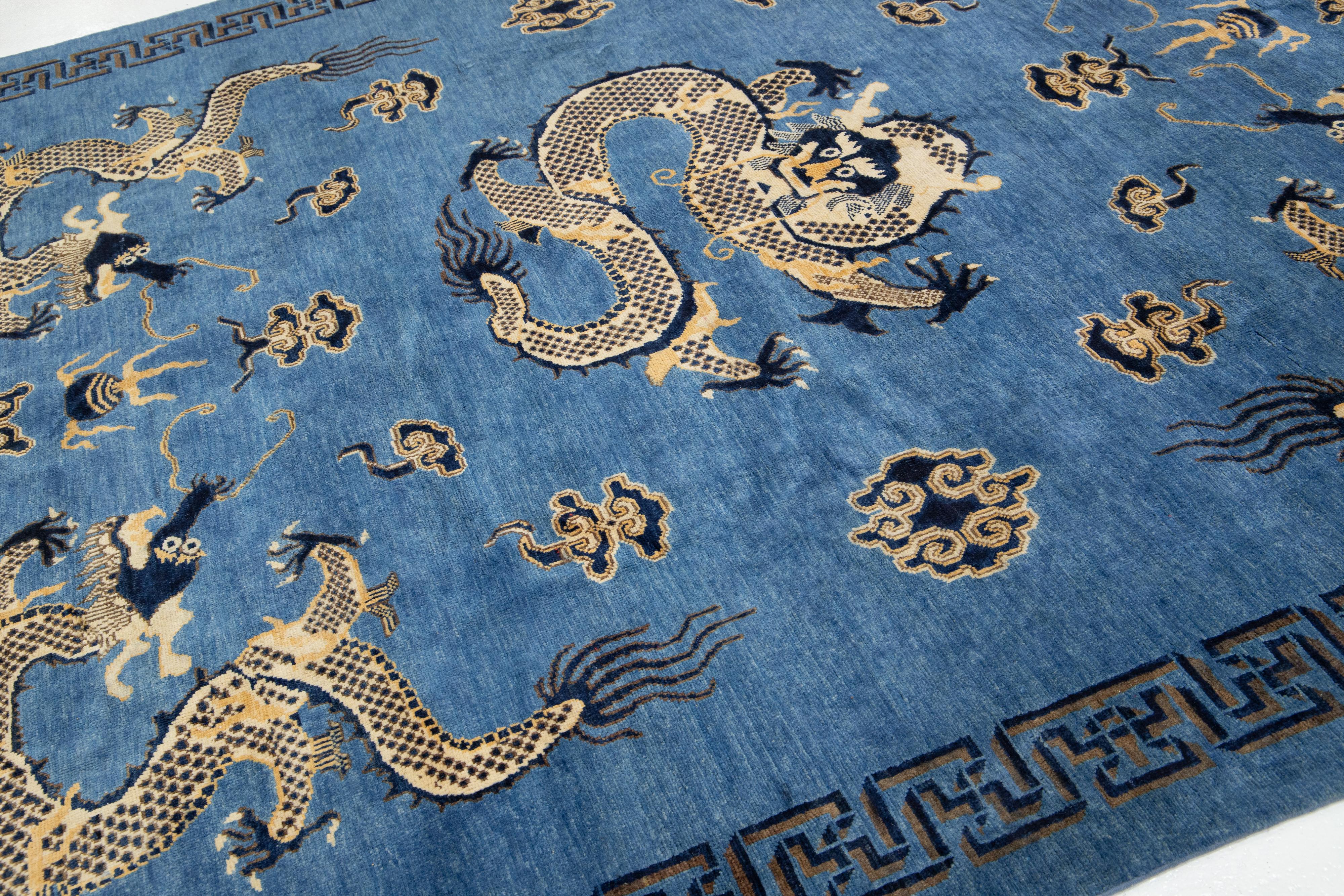 Blue Modern Chinese Style Handmade Wool Rug with Dragon Design In New Condition For Sale In Norwalk, CT