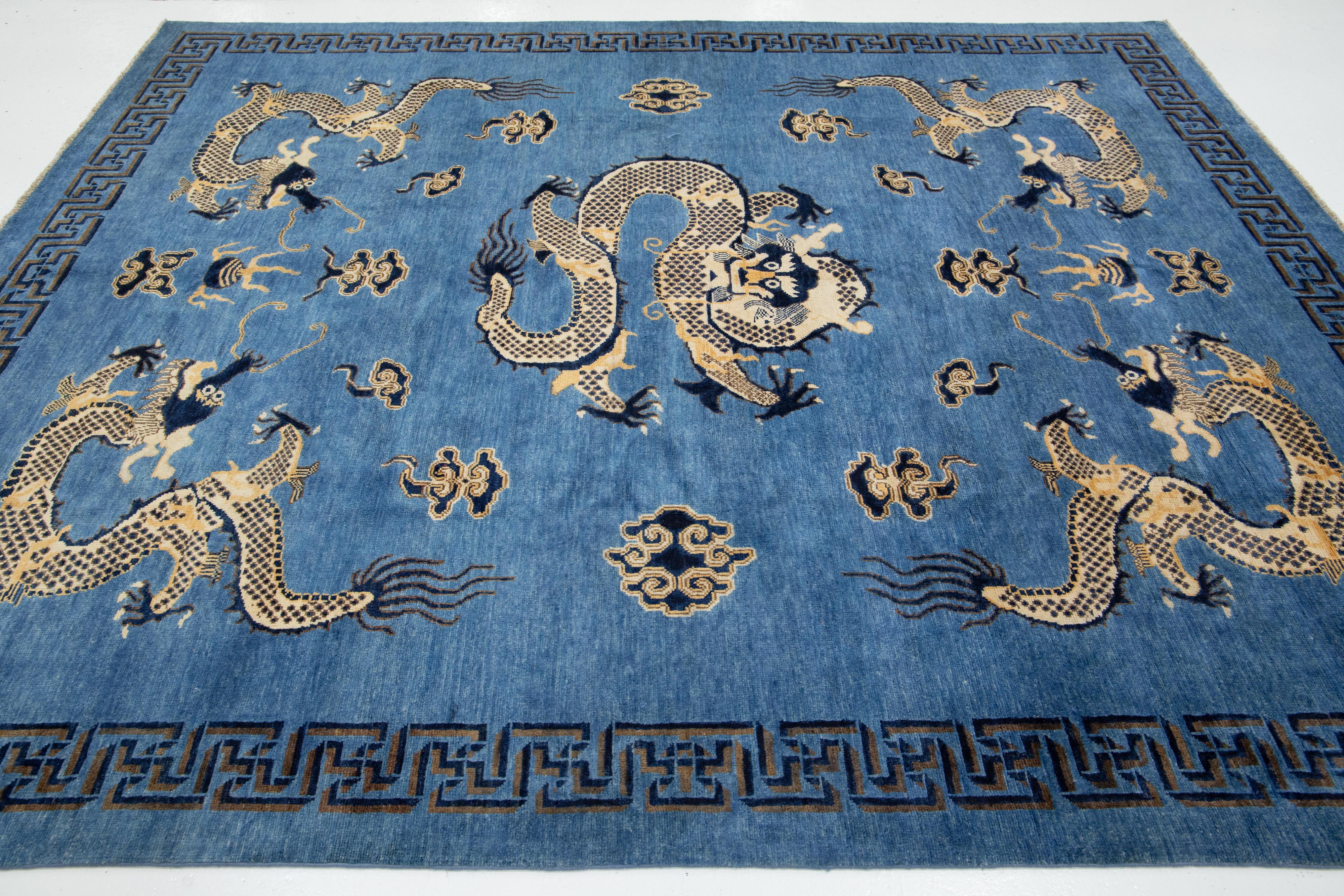 Contemporary Blue Modern Chinese Style Handmade Wool Rug with Dragon Design For Sale