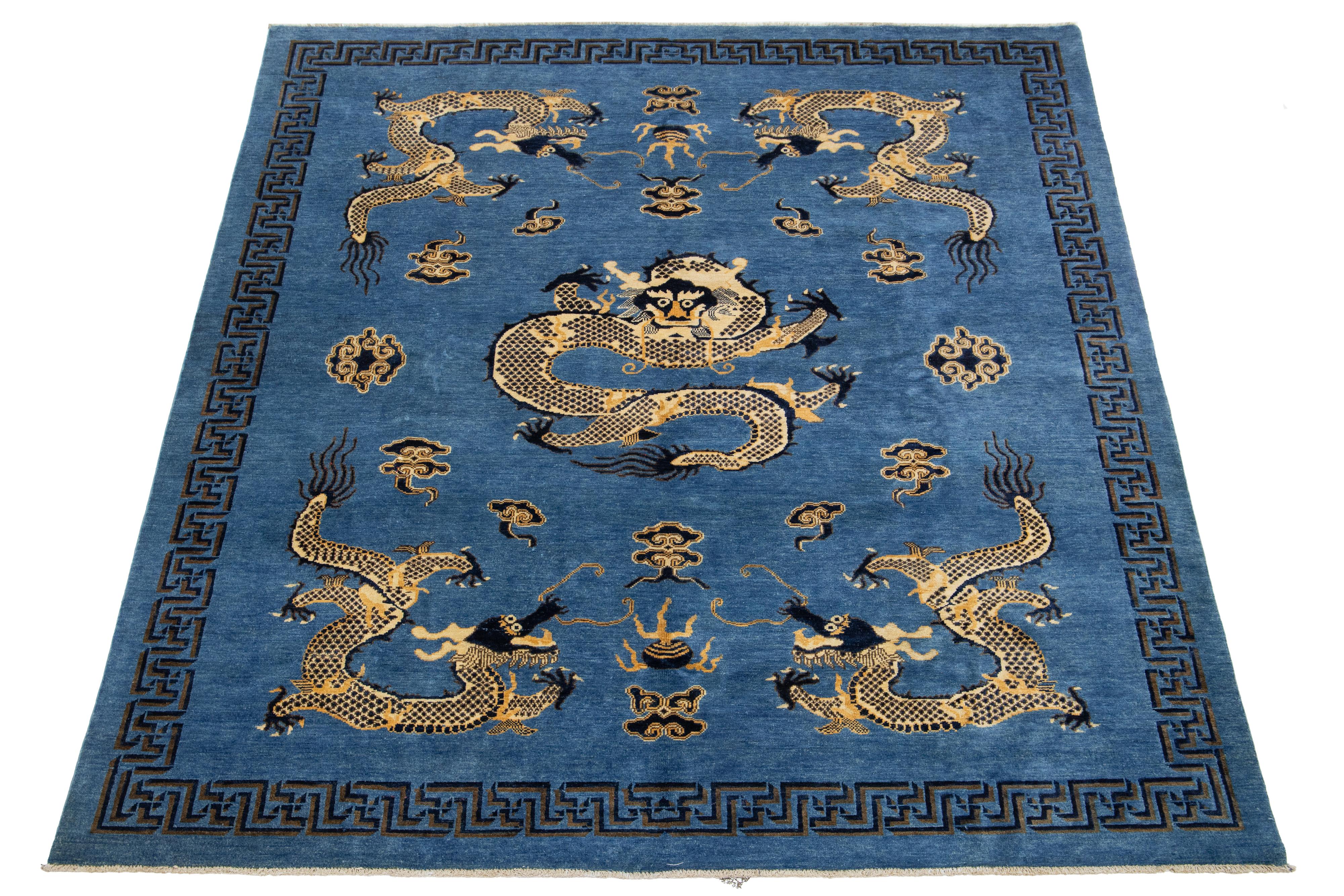 Blue Modern Chinese Style Handmade Wool Rug with Dragon Design For Sale 2