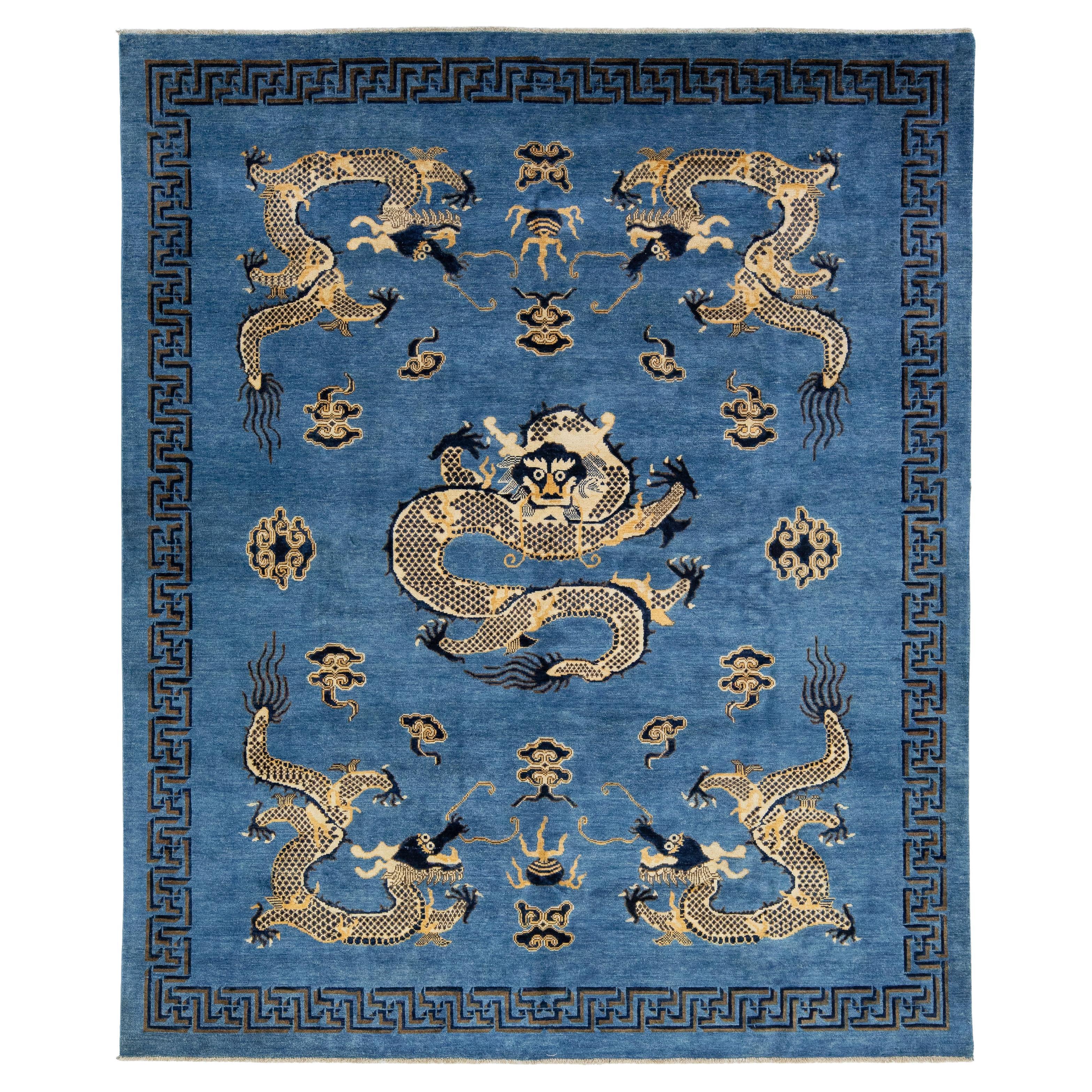 Blue Modern Chinese Style Handmade Wool Rug with Dragon Design
