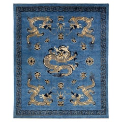Blue Modern Chinese Style Handmade Wool Rug with Dragon Design