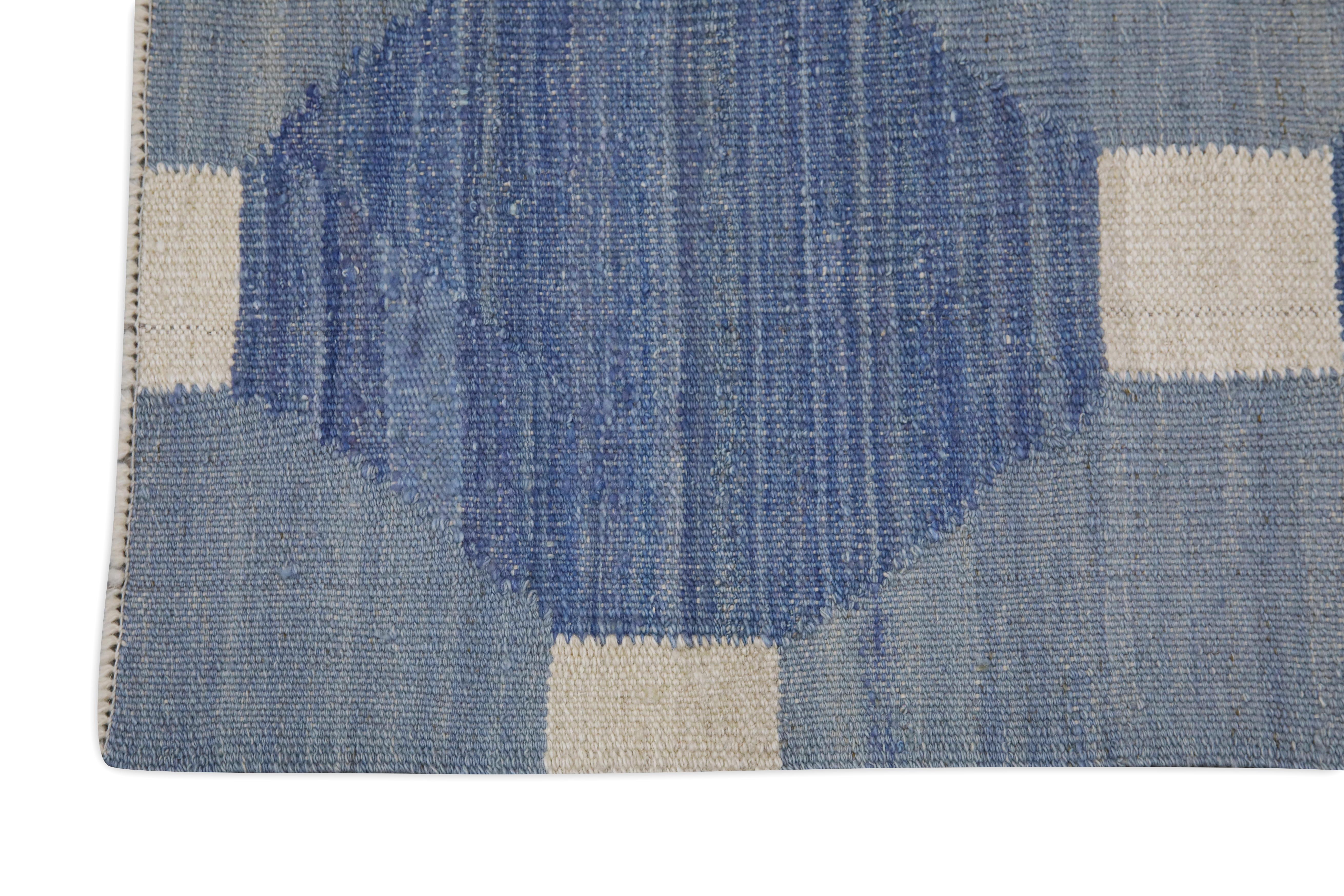 Blue Modern Flatweave Handmade Square Wool Rug 3' X 3'1