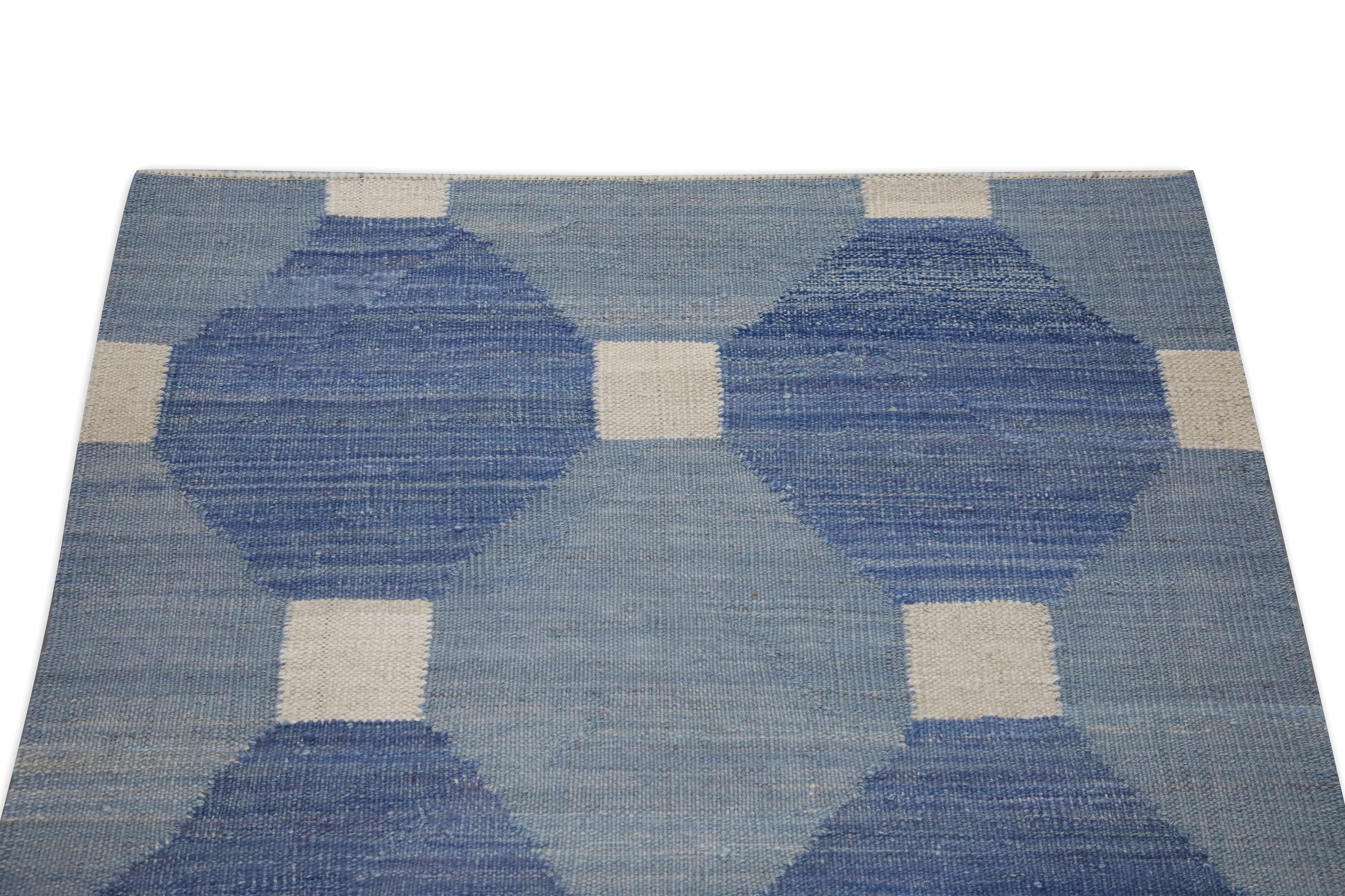 Turkish Blue Modern Flatweave Handmade Square Wool Rug 3' X 3'1